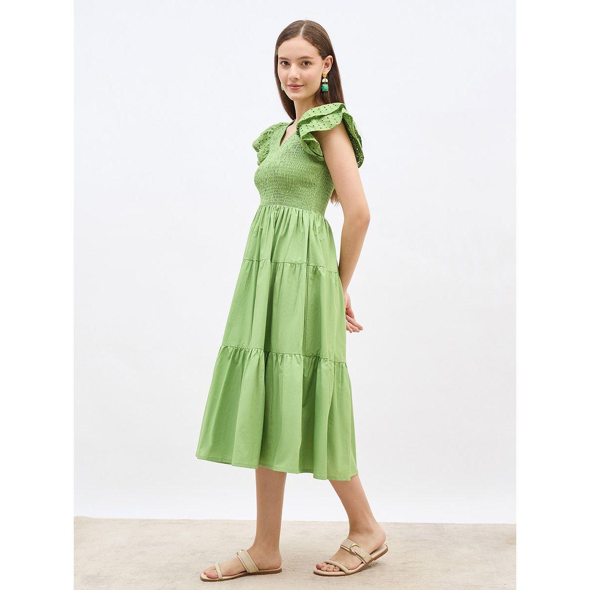 فستان ميدي بتفاصيل بارزة الملمس وأكمام كشكش-women-clothing-dresses-image-3