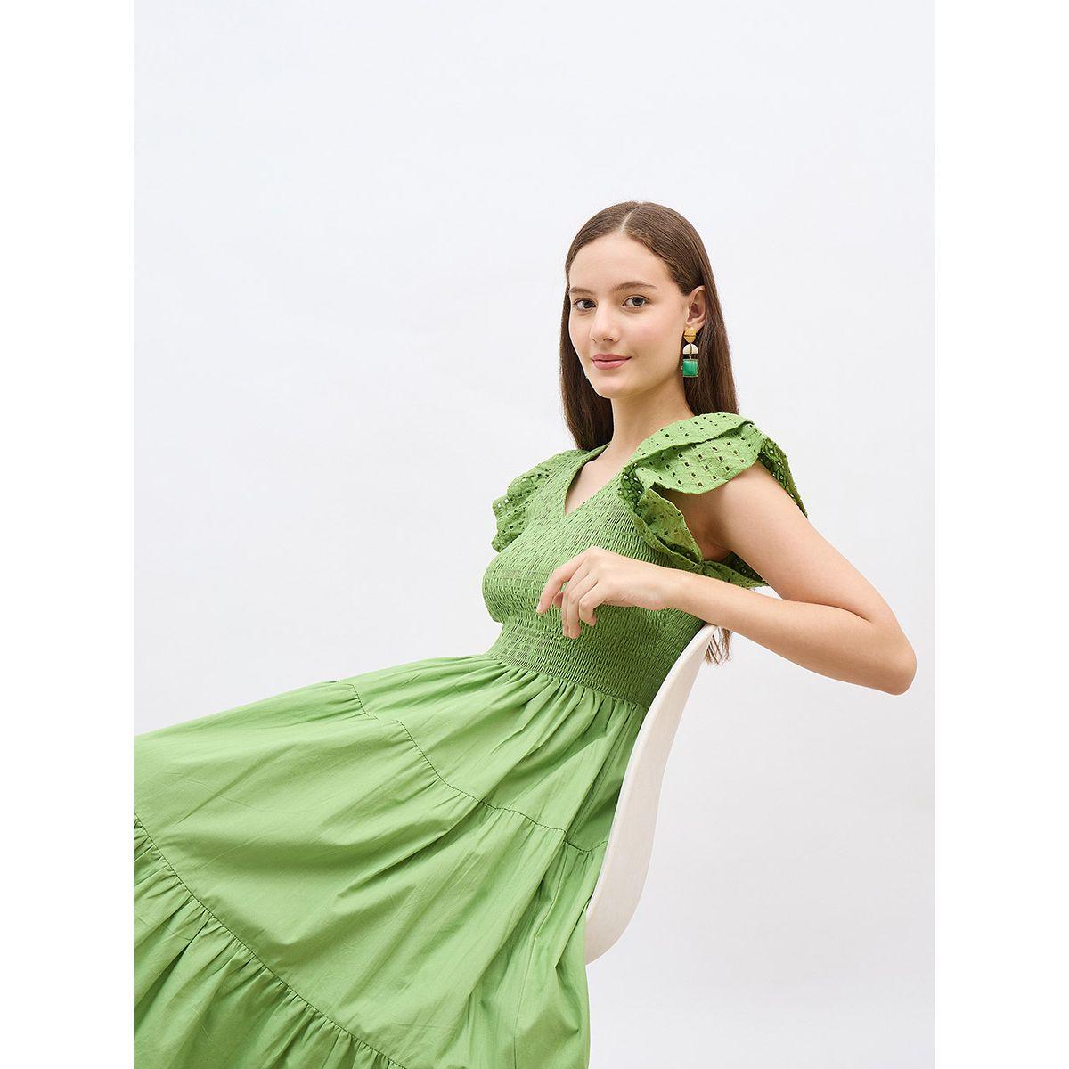 فستان ميدي بتفاصيل بارزة الملمس وأكمام كشكش-women-clothing-dresses-image-6