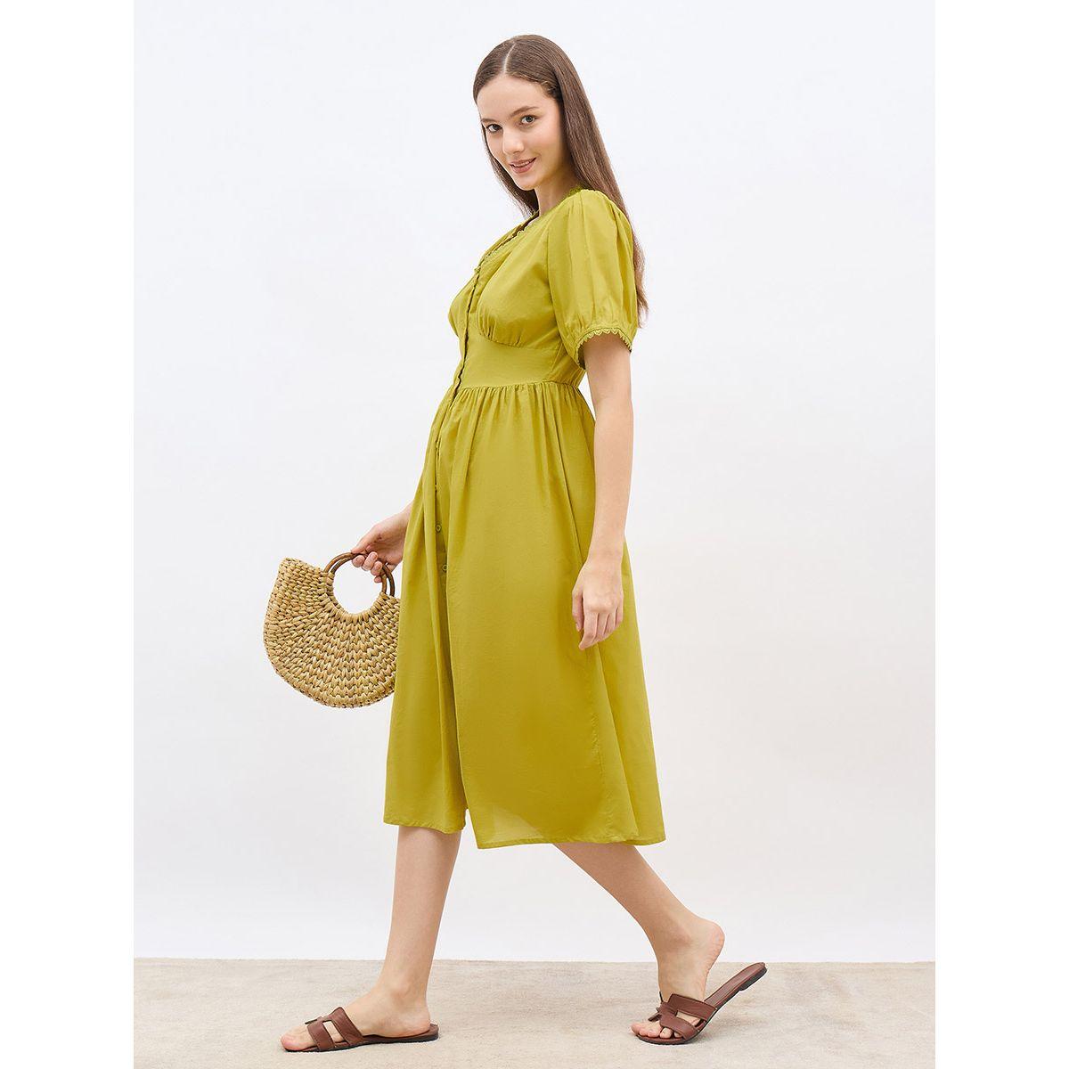 Styli Solid Puff Sleeves A-Line Midi Dress with Lace Trim-women-clothing-dresses-image-1
