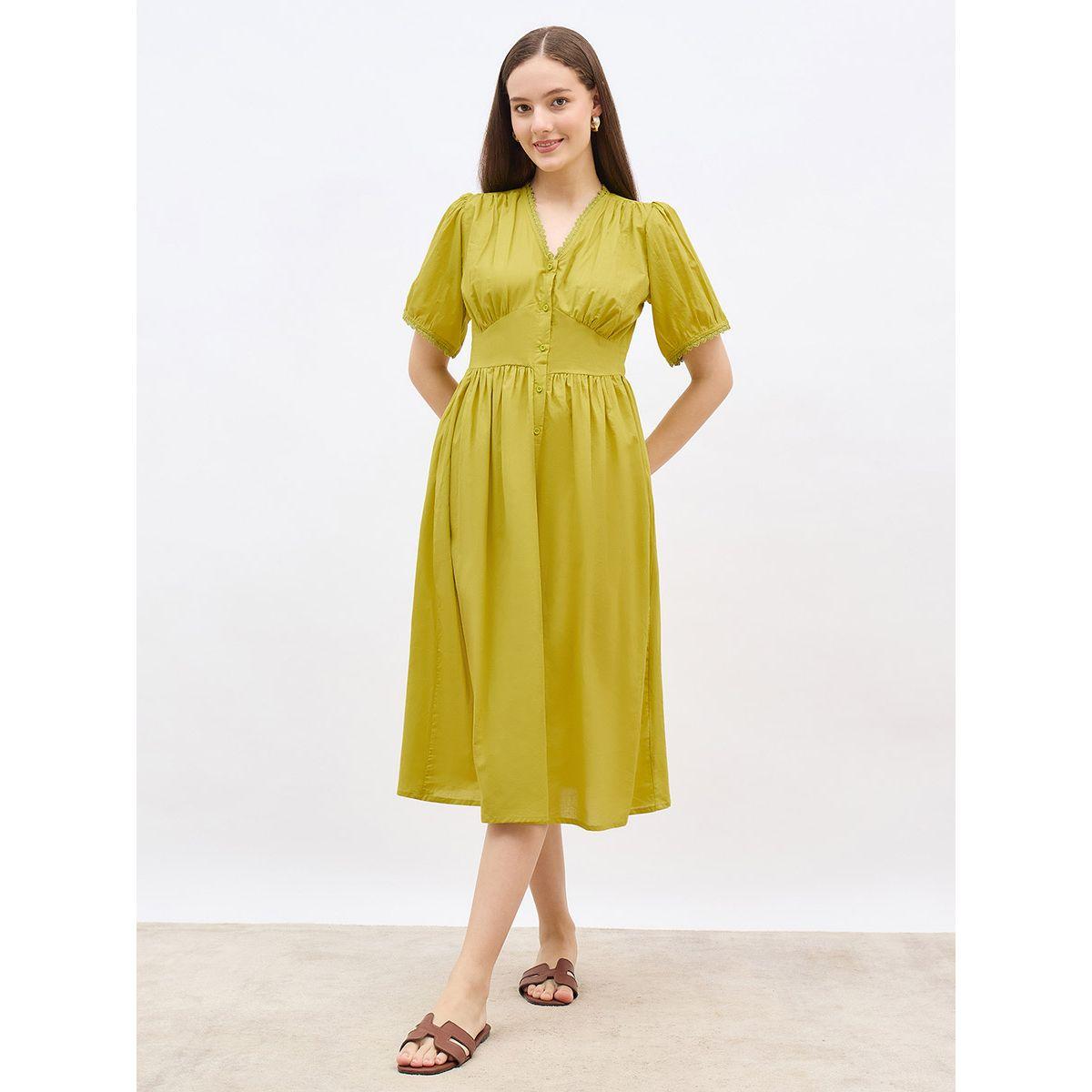 Styli Solid Puff Sleeves A-Line Midi Dress with Lace Trim-women-clothing-dresses-image-2