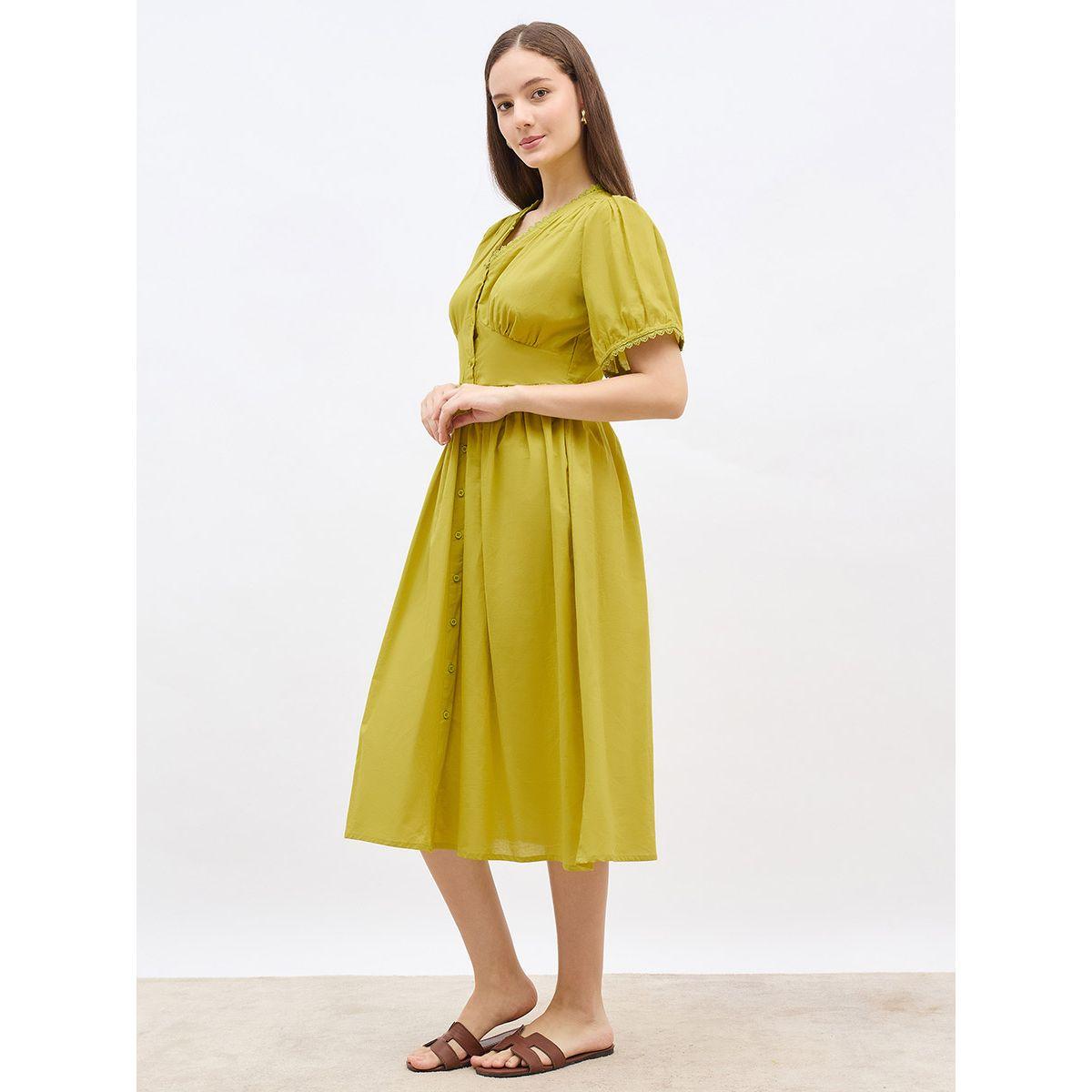 Styli Solid Puff Sleeves A-Line Midi Dress with Lace Trim-women-clothing-dresses-image-3