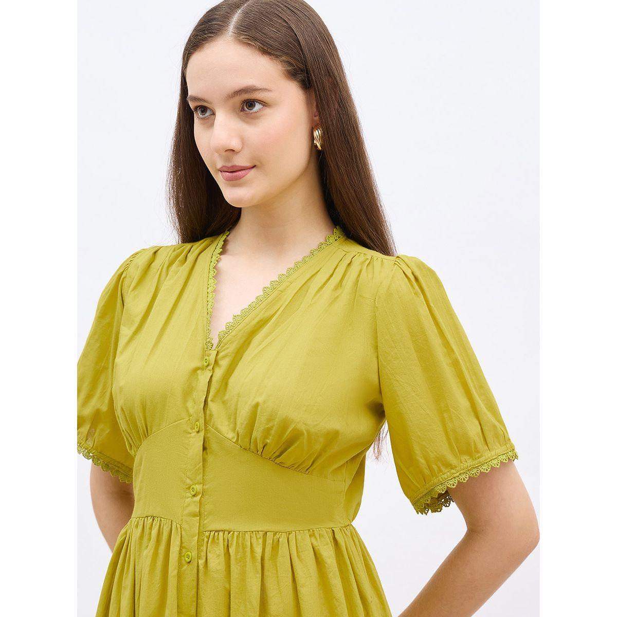 Styli Solid Puff Sleeves A-Line Midi Dress with Lace Trim-women-clothing-dresses-image-4
