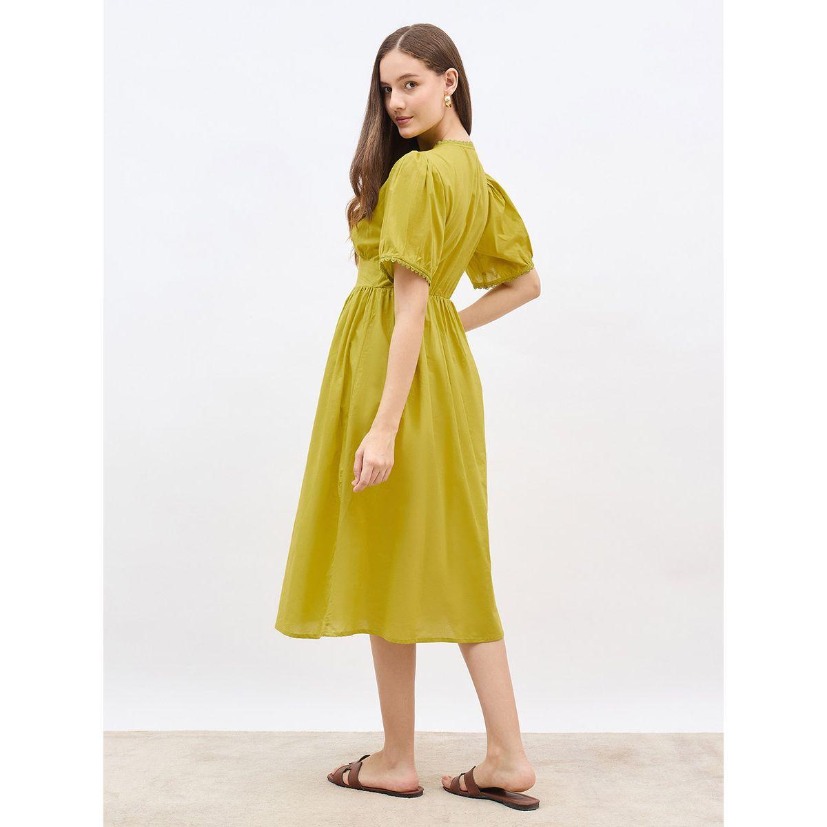 Styli Solid Puff Sleeves A-Line Midi Dress with Lace Trim-women-clothing-dresses-image-5