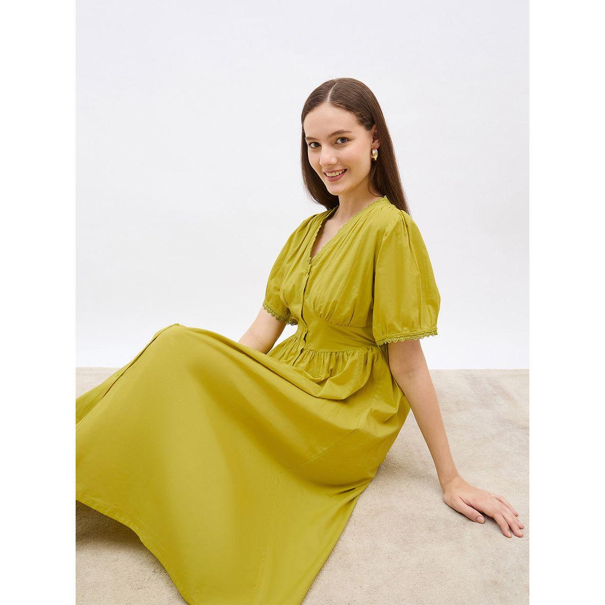 Styli Solid Puff Sleeves A-Line Midi Dress with Lace Trim-women-clothing-dresses-image-6