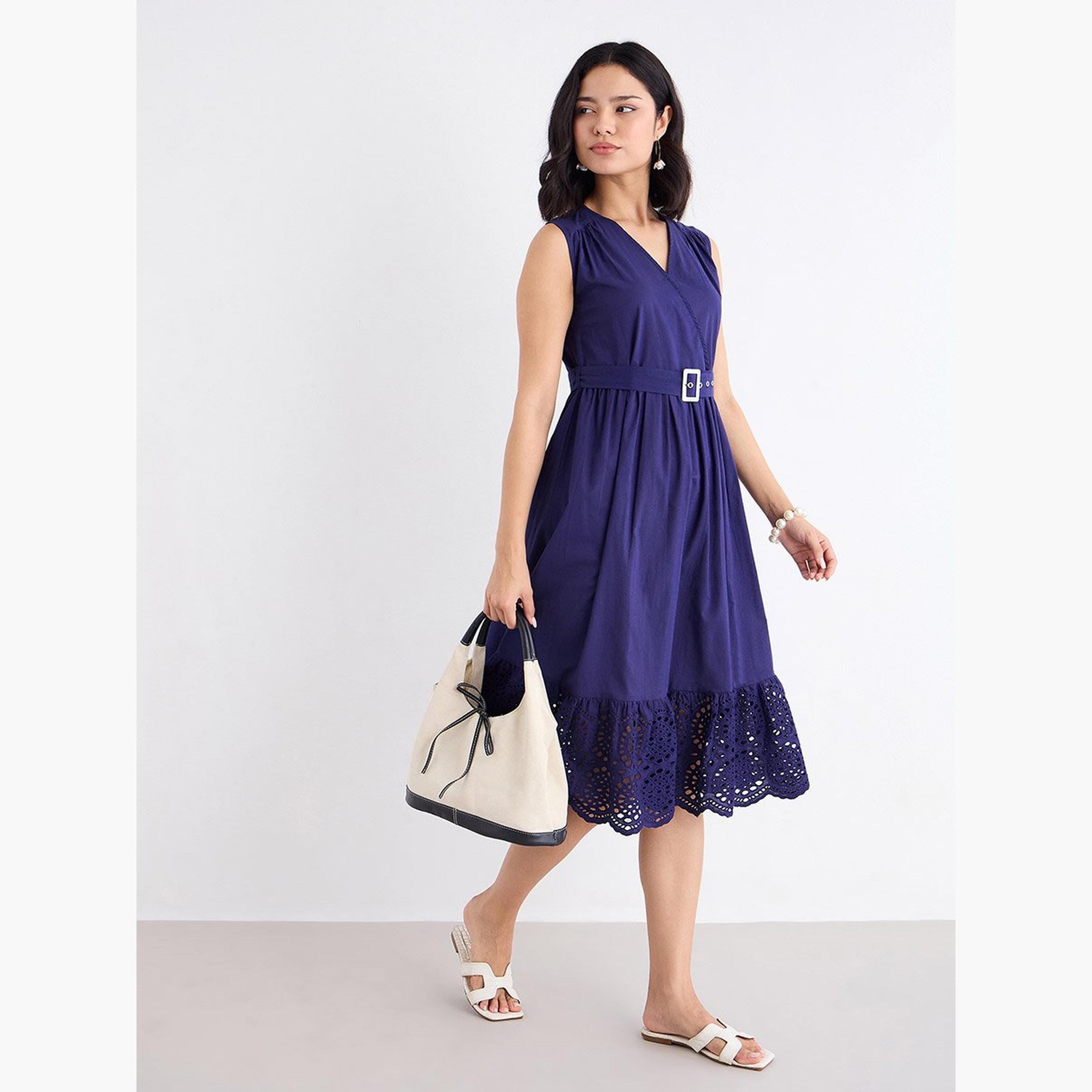 Styli Navy Blue Schiffli Hem Midi Dress-women-clothing-dresses-image-1