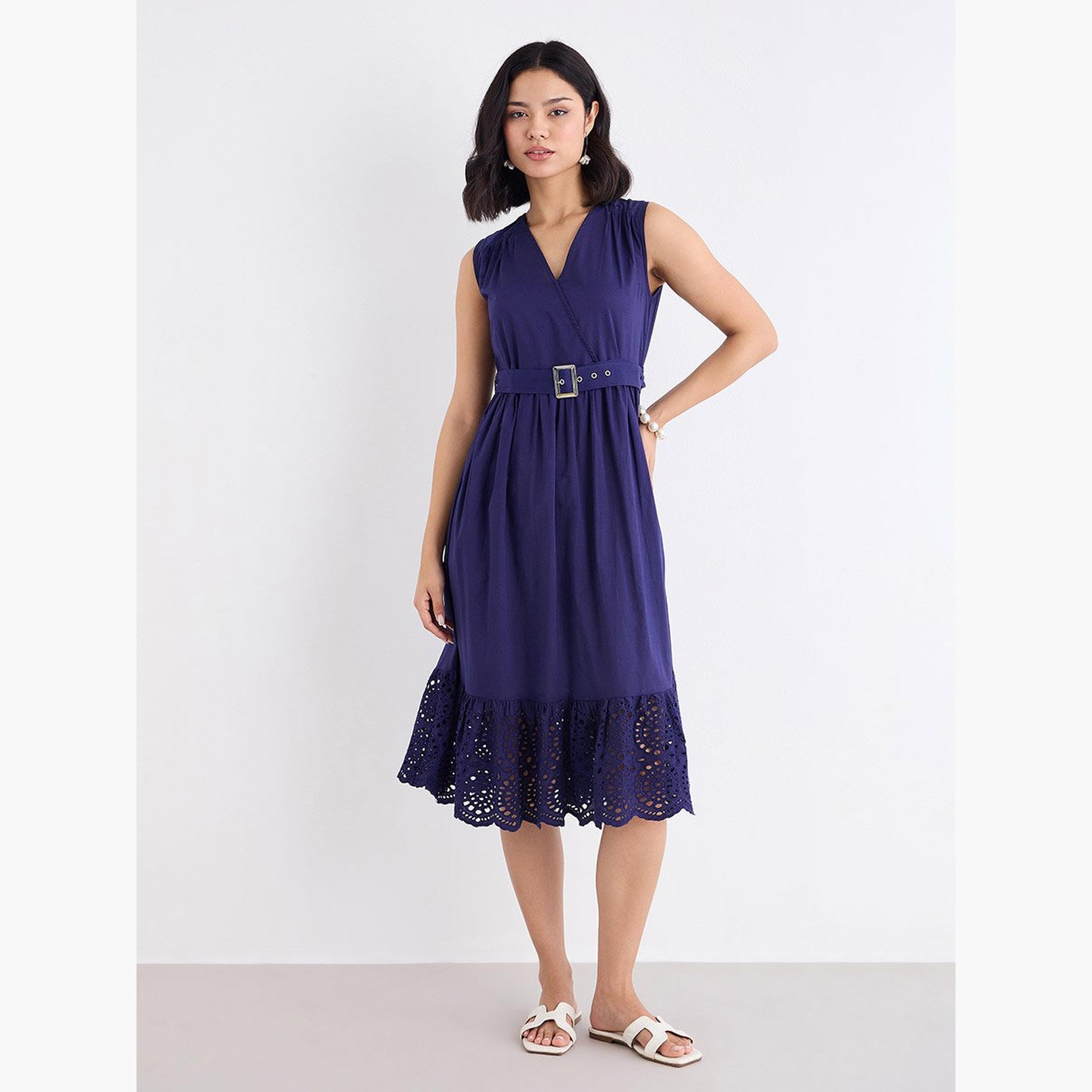 Styli Navy Blue Schiffli Hem Midi Dress-women-clothing-dresses-image-2