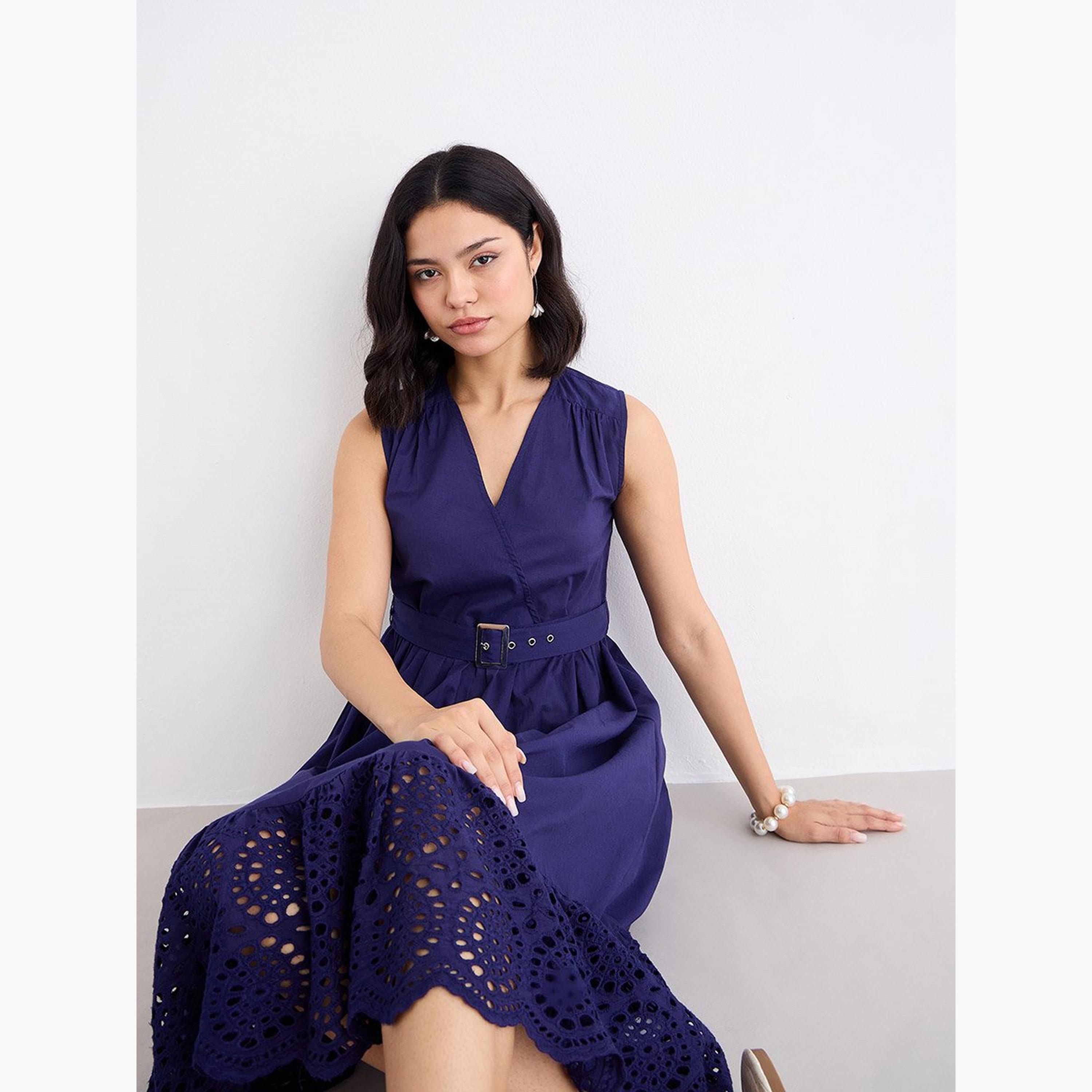 Styli Navy Blue Schiffli Hem Midi Dress-women-clothing-dresses-image-3