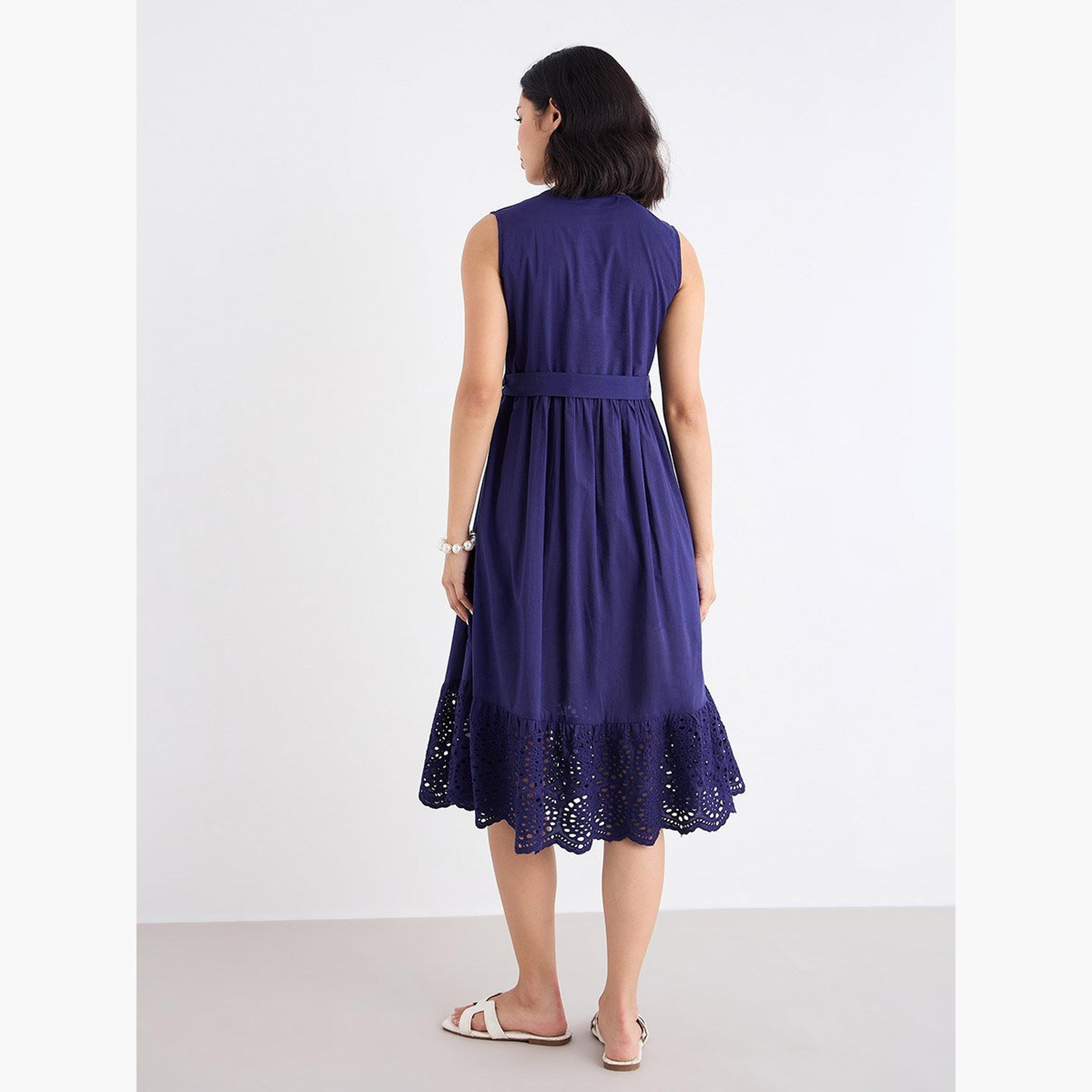 Styli Navy Blue Schiffli Hem Midi Dress-women-clothing-dresses-image-5