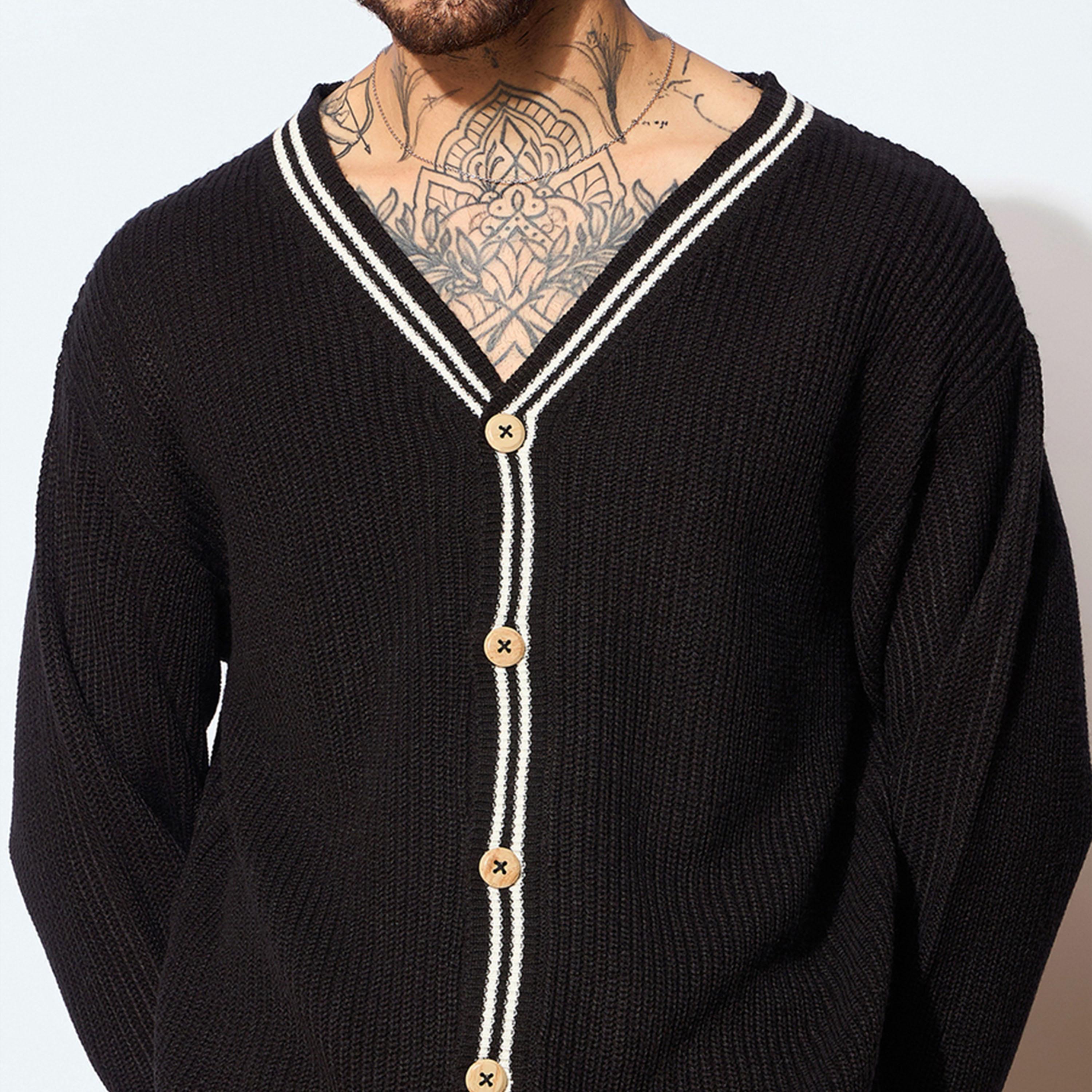 Mascln Sassafras X Styli Unisex Black and Off White Front Button Cardigan-men-winterwear-sweatersandpullovers-image-4