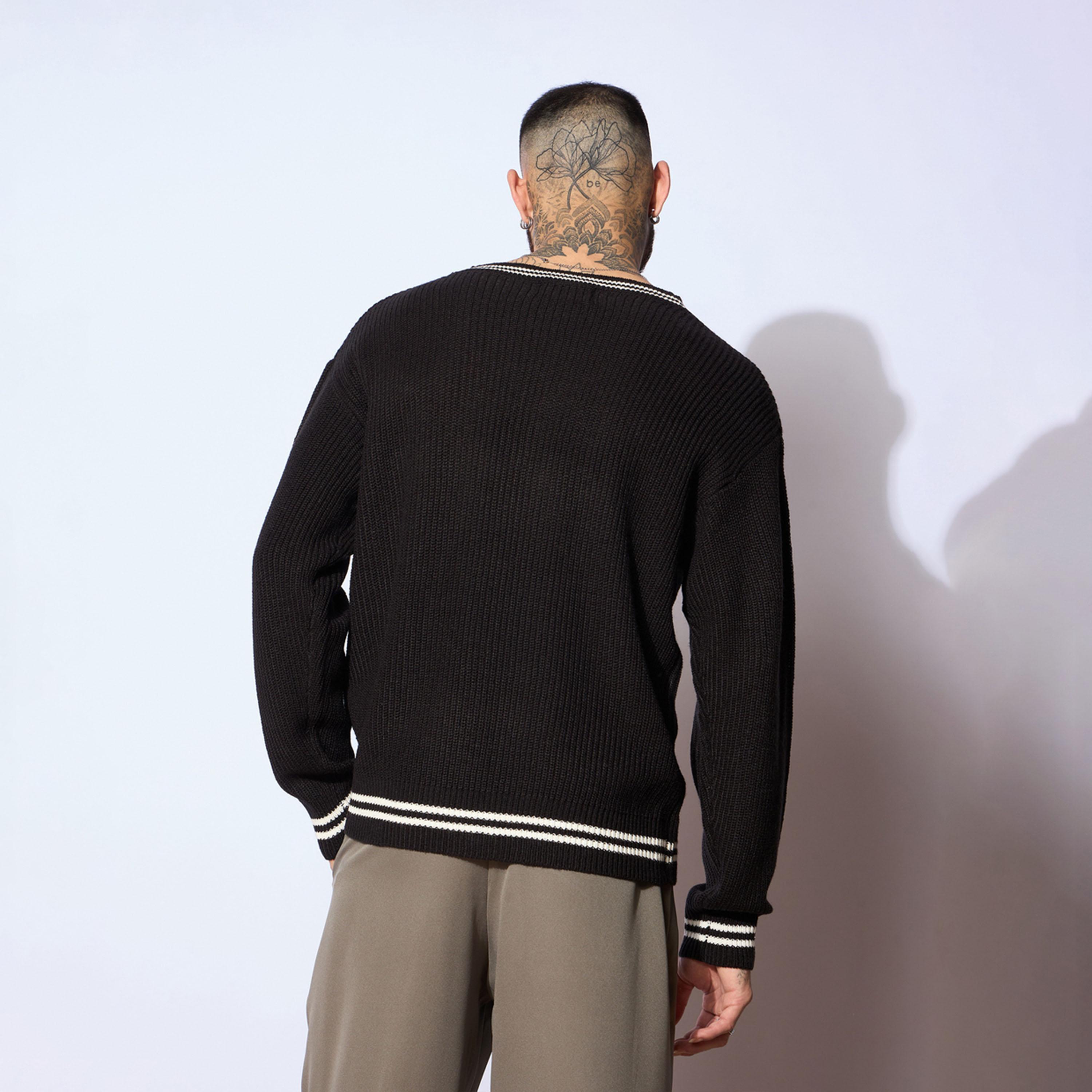 Mascln Sassafras X Styli Unisex Black and Off White Front Button Cardigan-men-winterwear-sweatersandpullovers-image-5
