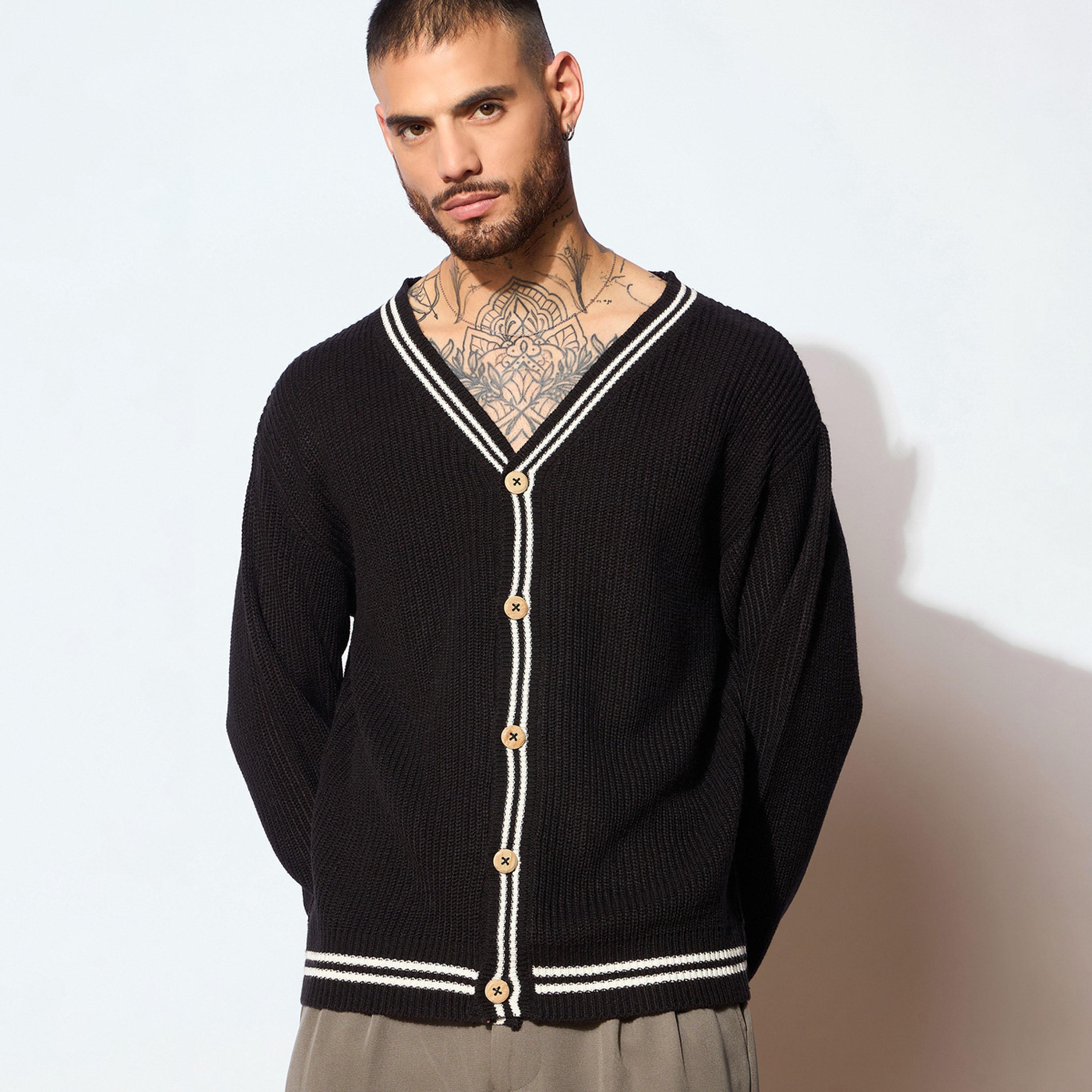 Mascln Sassafras X Styli Unisex Black and Off White Front Button Cardigan-men-winterwear-sweatersandpullovers-image-6
