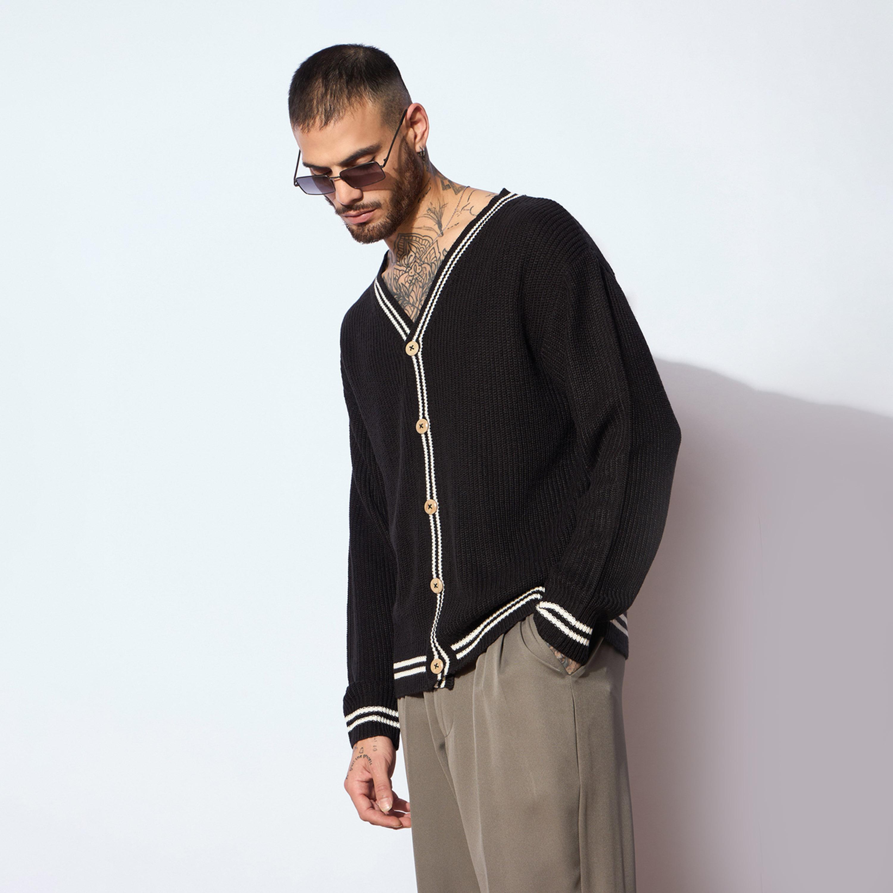 Mascln Sassafras X Styli Unisex Black and Off White Front Button Cardigan-men-winterwear-sweatersandpullovers-image-7