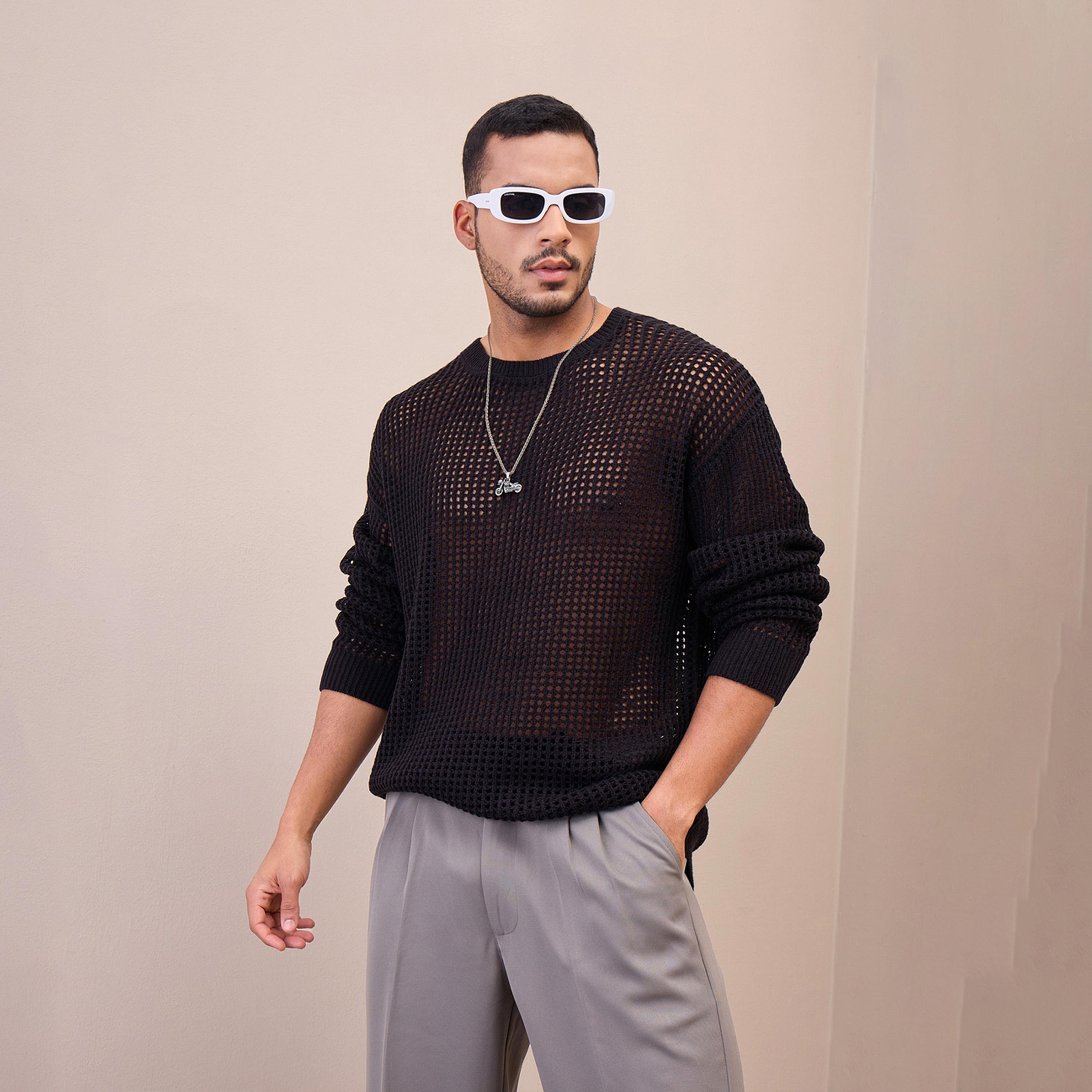 Mascln Sassafras X Styli Unisex Black Oversize Crochet Sweater-men-winterwear-sweatersandpullovers-image-1