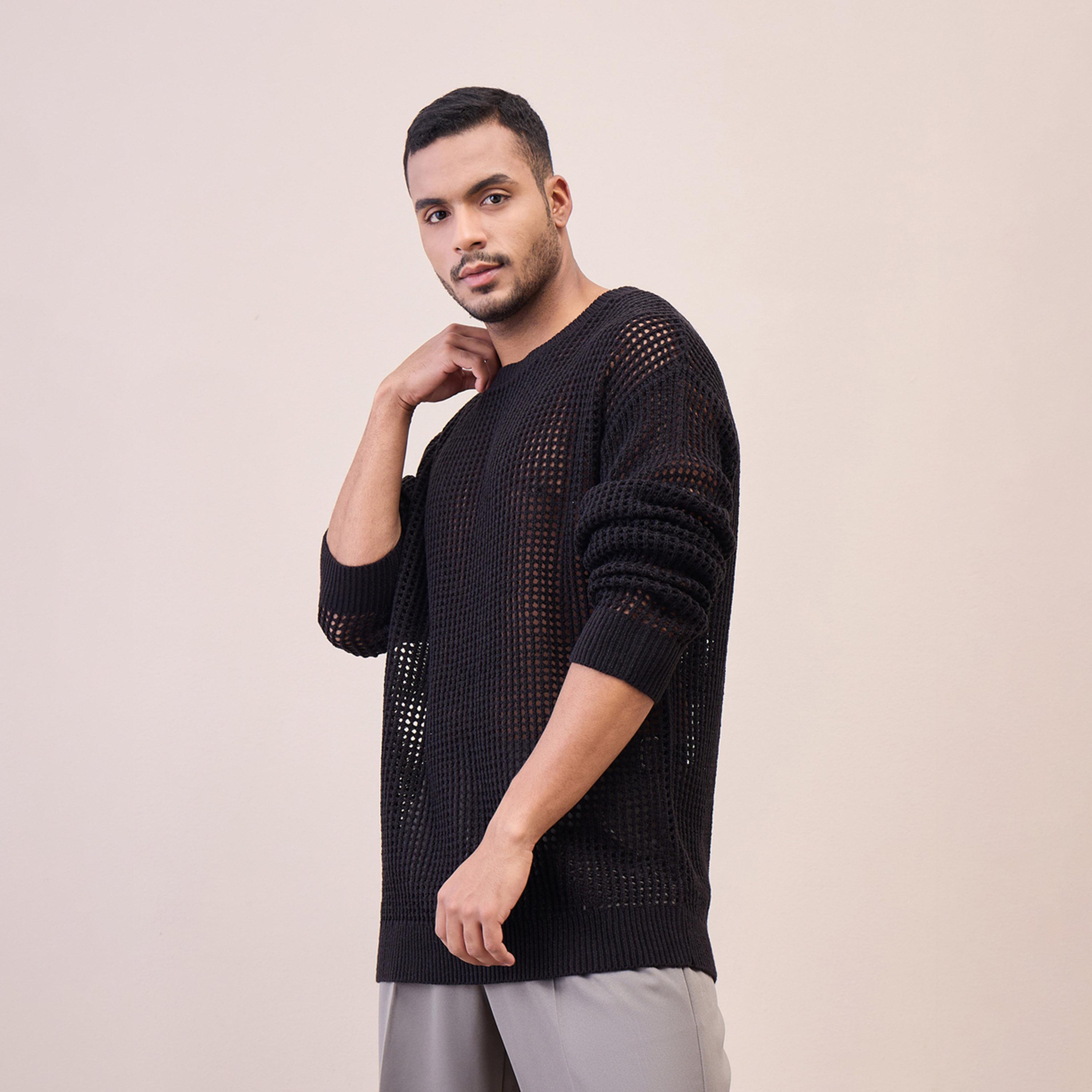 Mascln Sassafras X Styli Unisex Black Oversize Crochet Sweater-men-winterwear-sweatersandpullovers-image-3