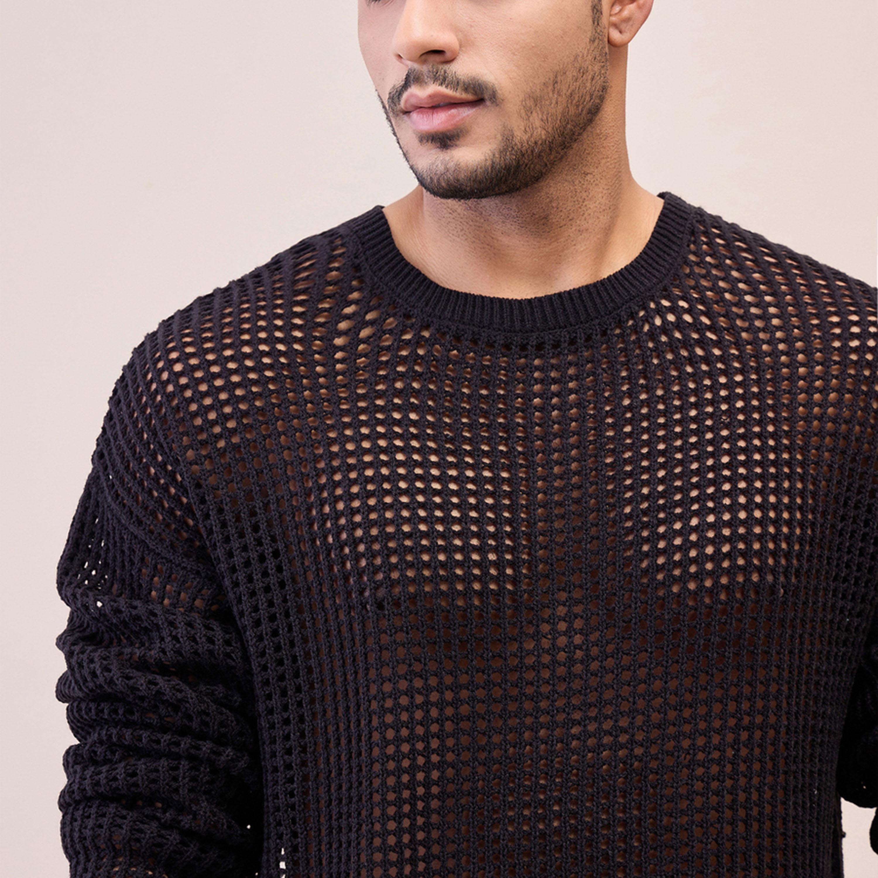 Mascln Sassafras X Styli Unisex Black Oversize Crochet Sweater-men-winterwear-sweatersandpullovers-image-4