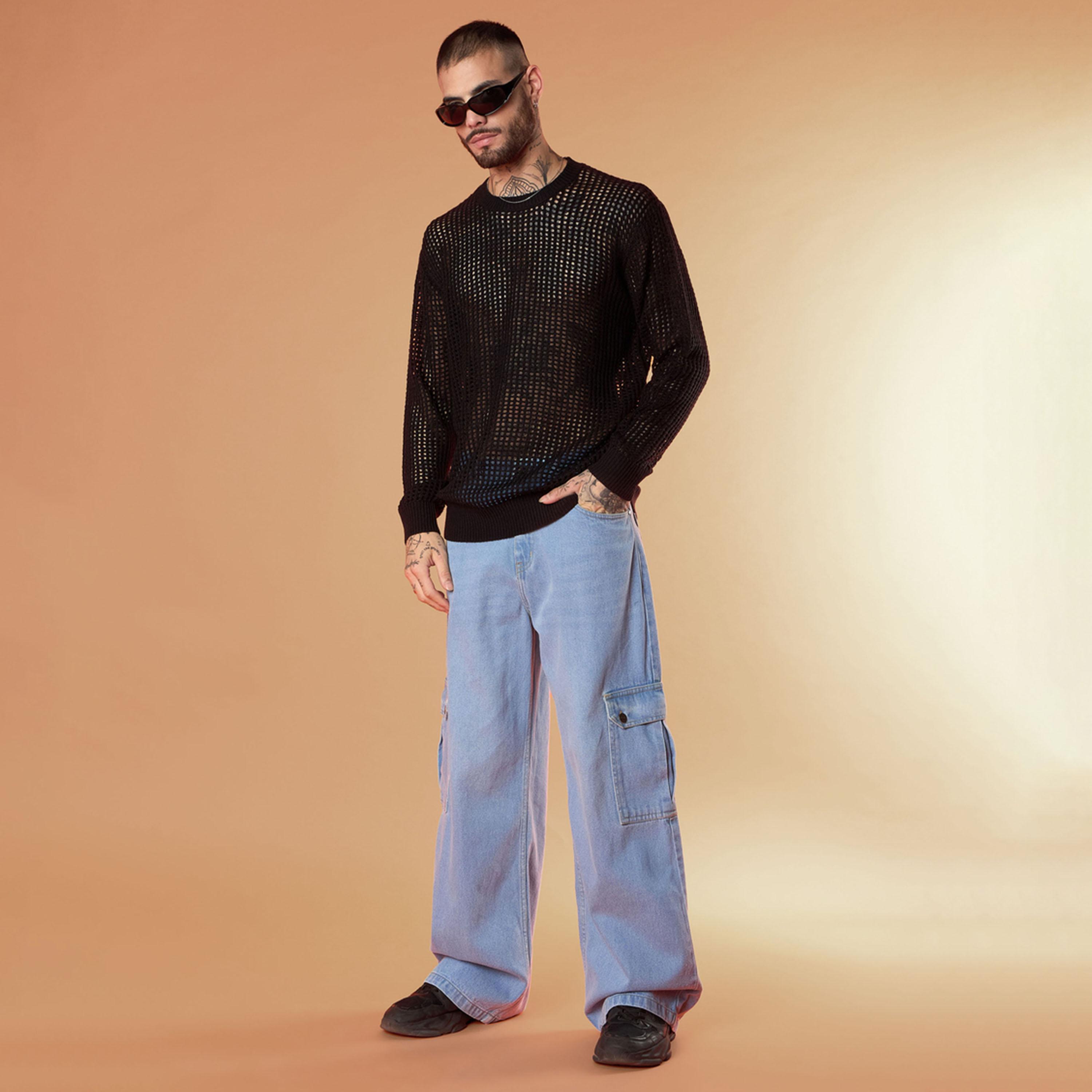 Mascln Sassafras X Styli Unisex Black Oversize Crochet Sweater-men-winterwear-sweatersandpullovers-image-6