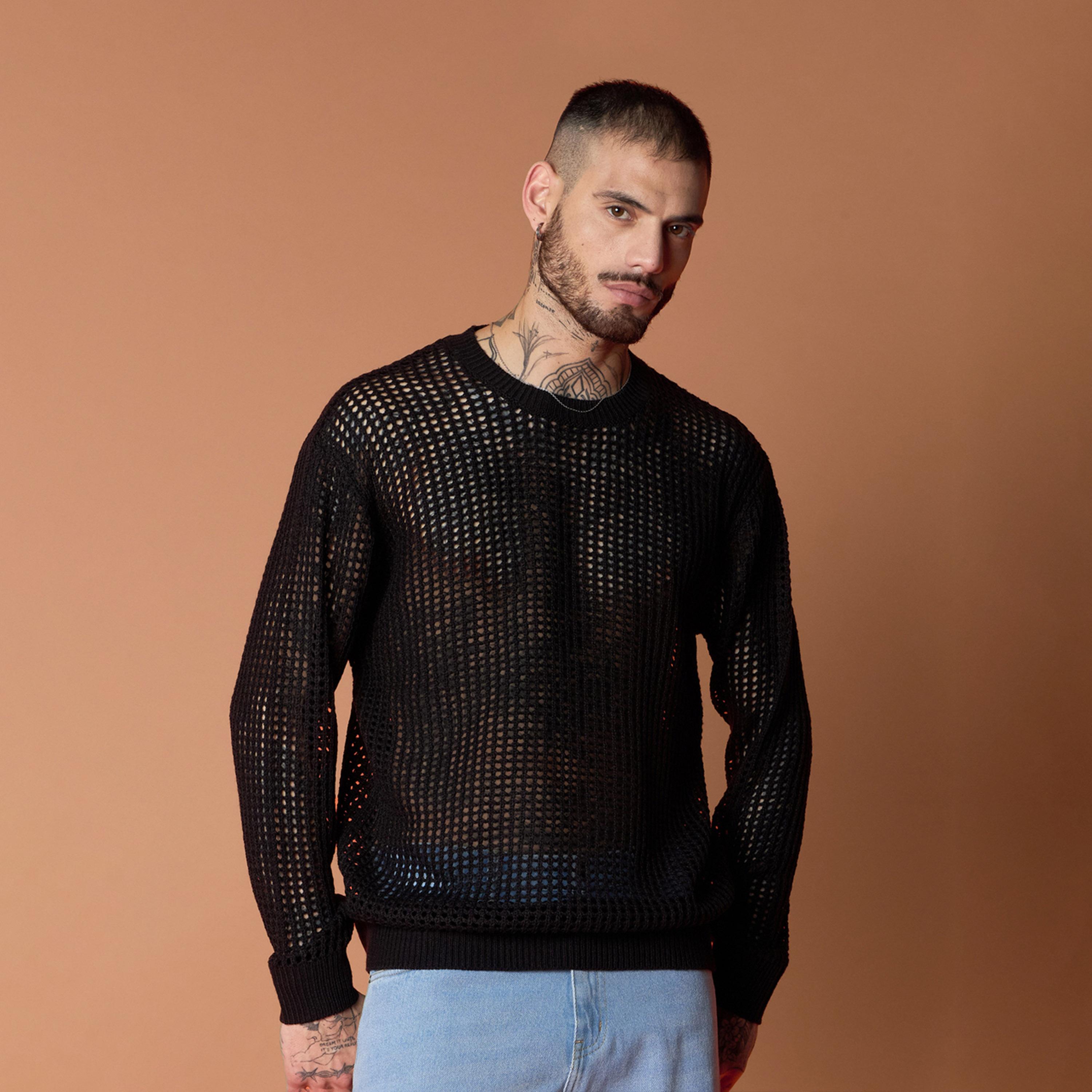 Mascln Sassafras X Styli Unisex Black Oversize Crochet Sweater-men-winterwear-sweatersandpullovers-image-7