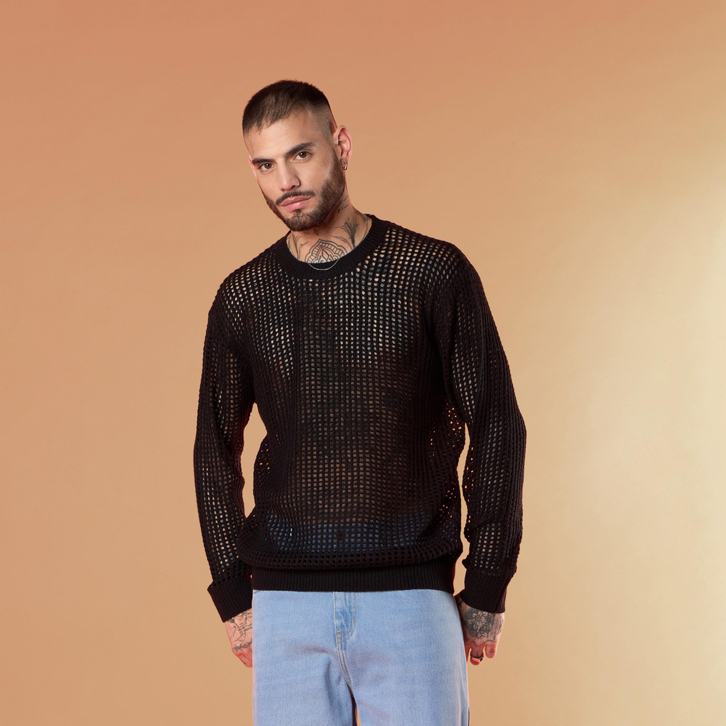 Mascln Sassafras X Styli Unisex Black Oversize Crochet Sweater-men-winterwear-sweatersandpullovers-image-8
