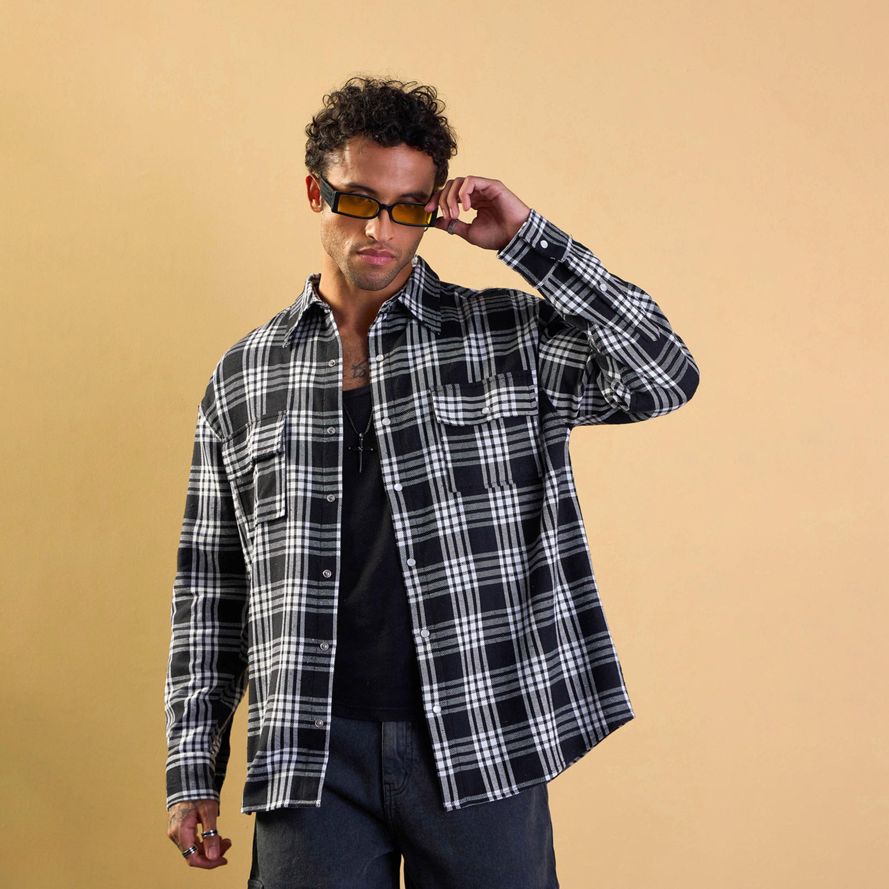 Mascln Sassafras X Styli Black and White Check Flap Pocket Oversize Shirt-men-clothing-shirts-image-1