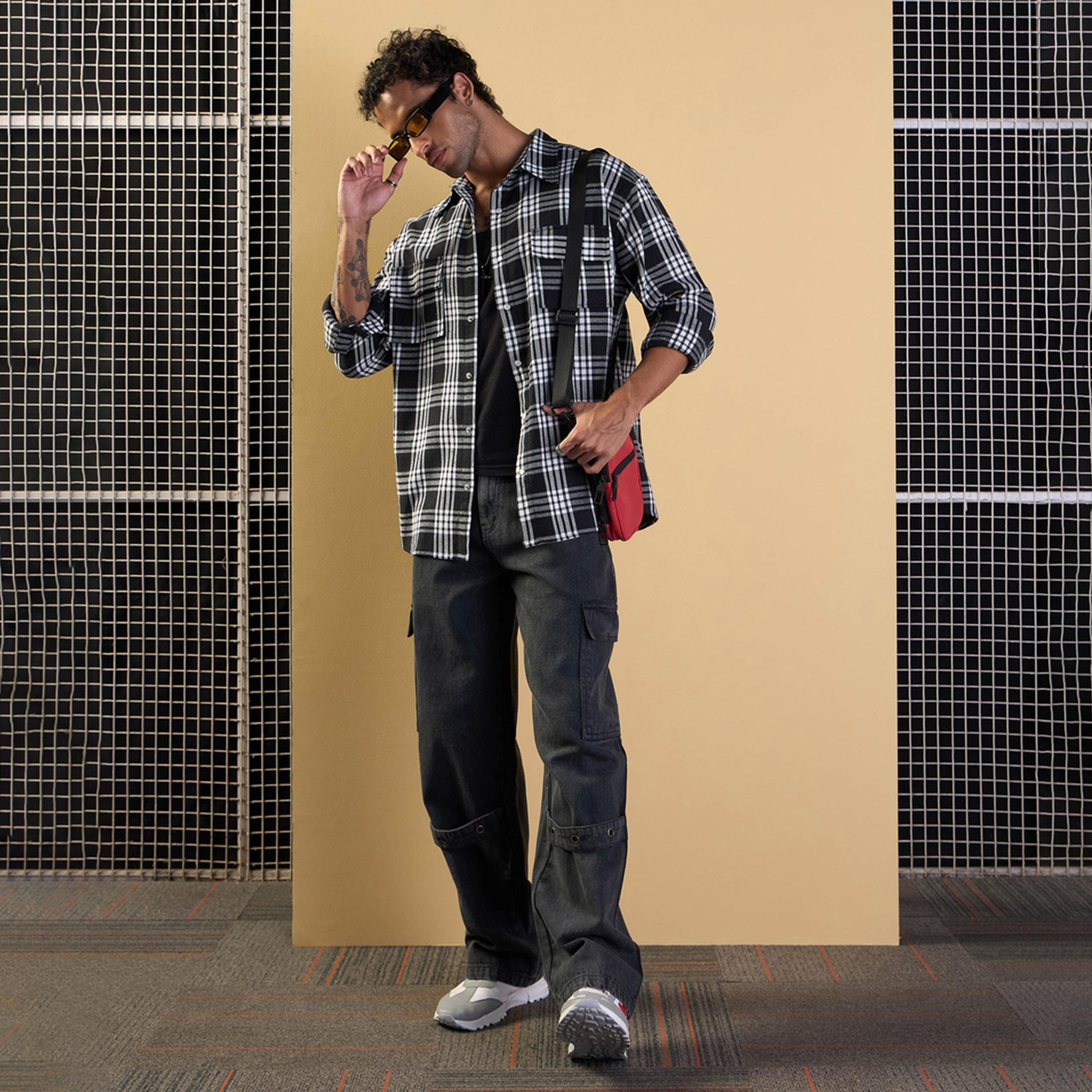 Mascln Sassafras X Styli Black and White Check Flap Pocket Oversize Shirt-men-clothing-shirts-image-2