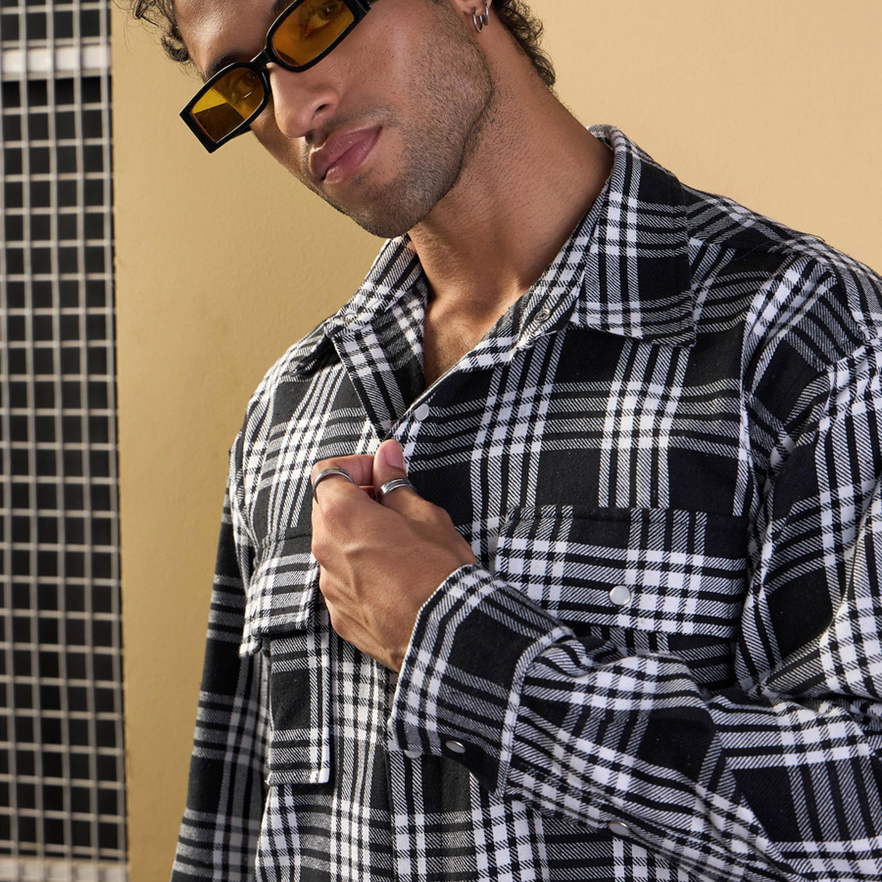 Mascln Sassafras X Styli Black and White Check Flap Pocket Oversize Shirt-men-clothing-shirts-image-4