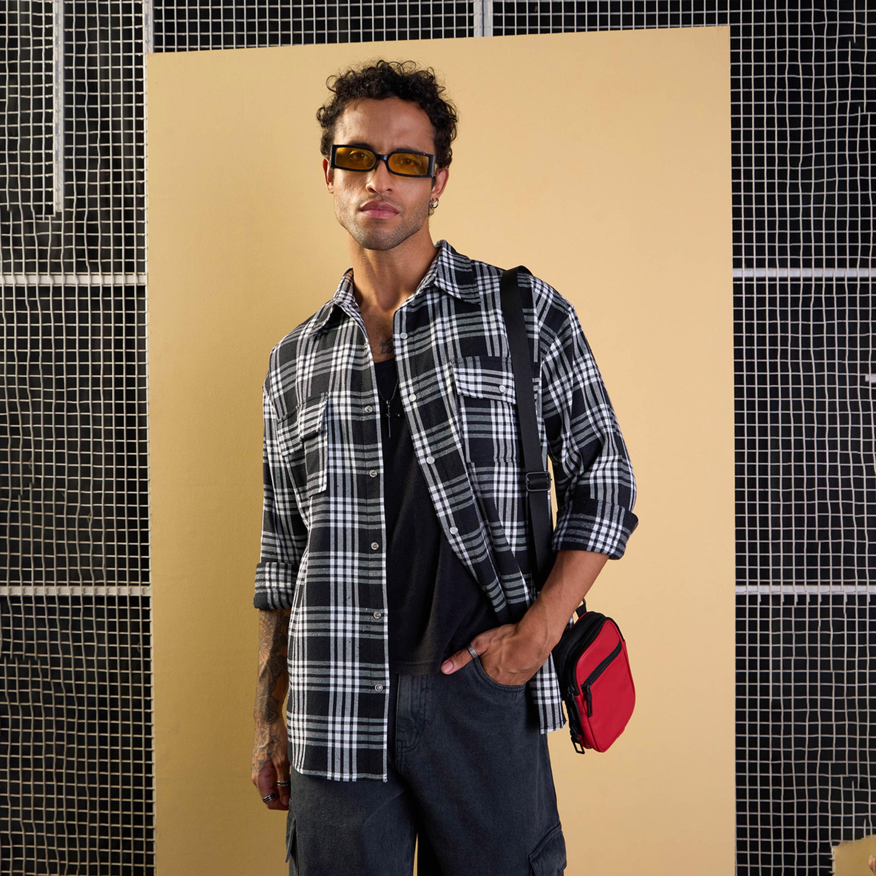 Mascln Sassafras X Styli Black and White Check Flap Pocket Oversize Shirt-men-clothing-shirts-image-6