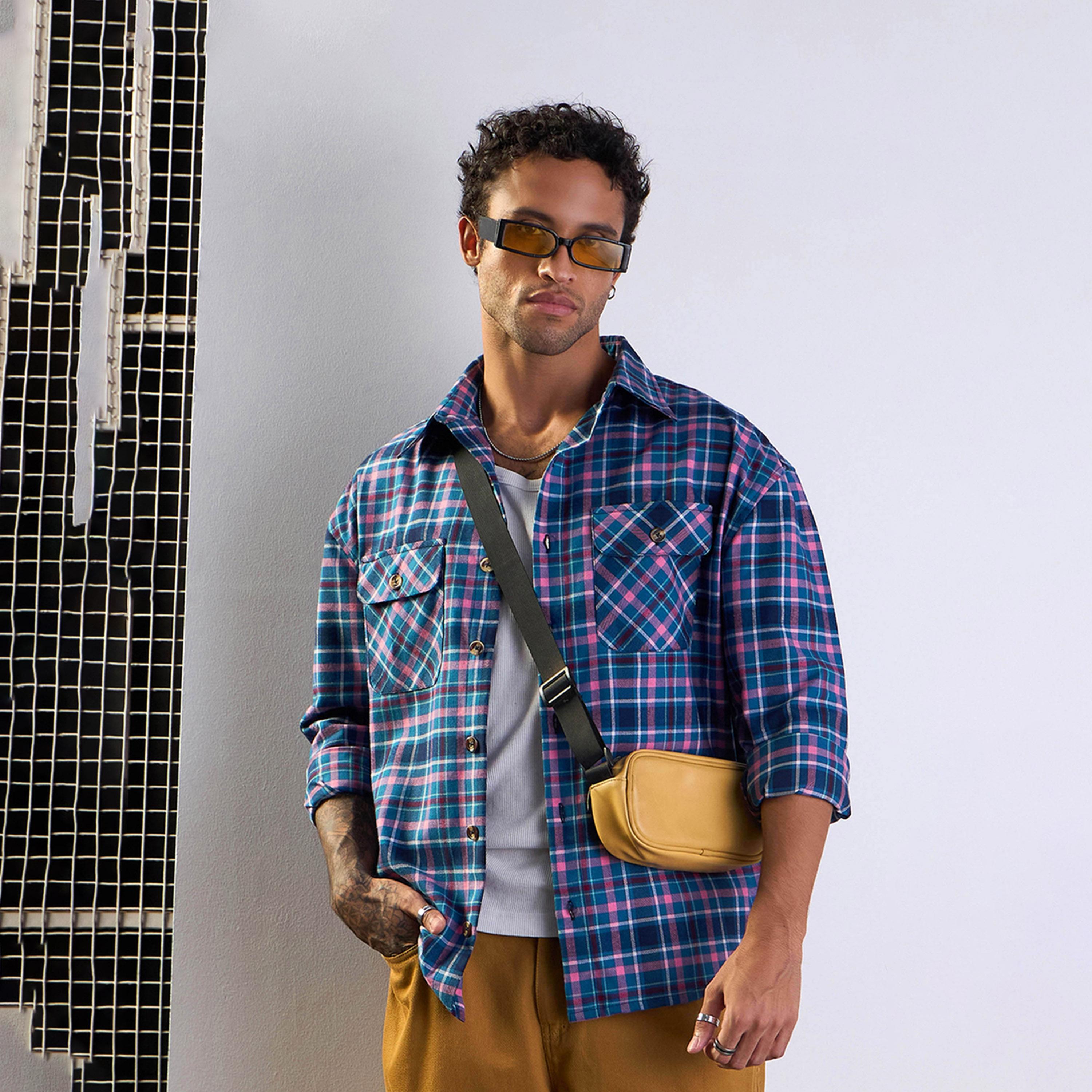 Mascln Sassafras X Styli Blue and Pink Check Flap Pocket Oversize Shirt-men-clothing-shirts-image-1