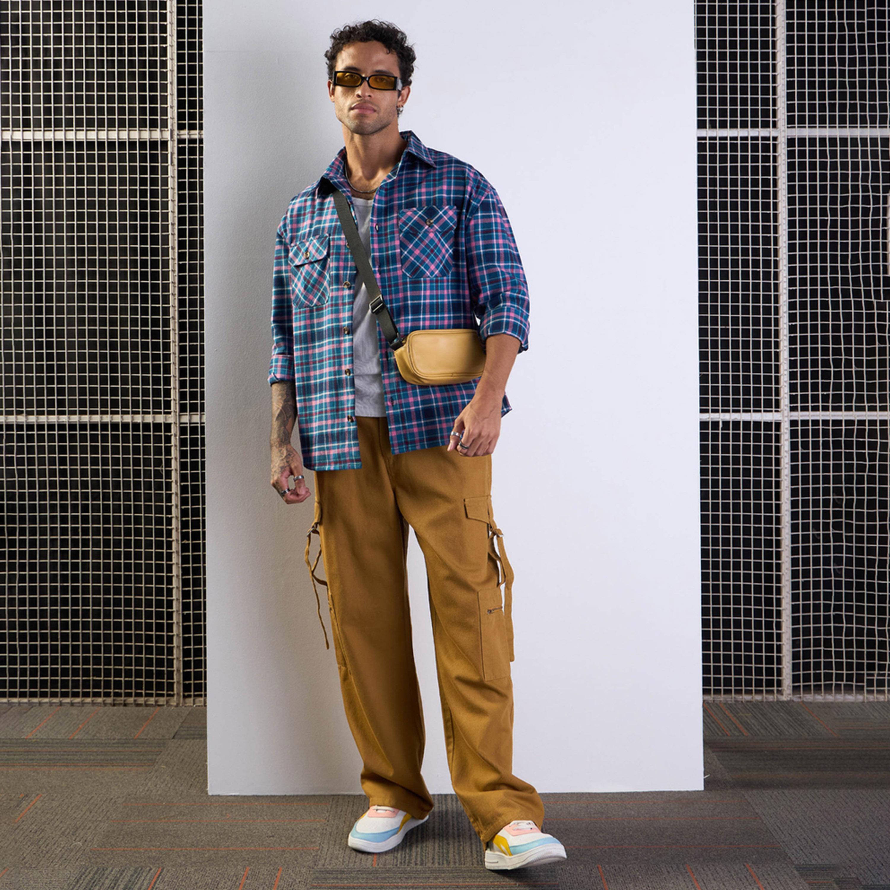 Mascln Sassafras X Styli Blue and Pink Check Flap Pocket Oversize Shirt-men-clothing-shirts-image-2