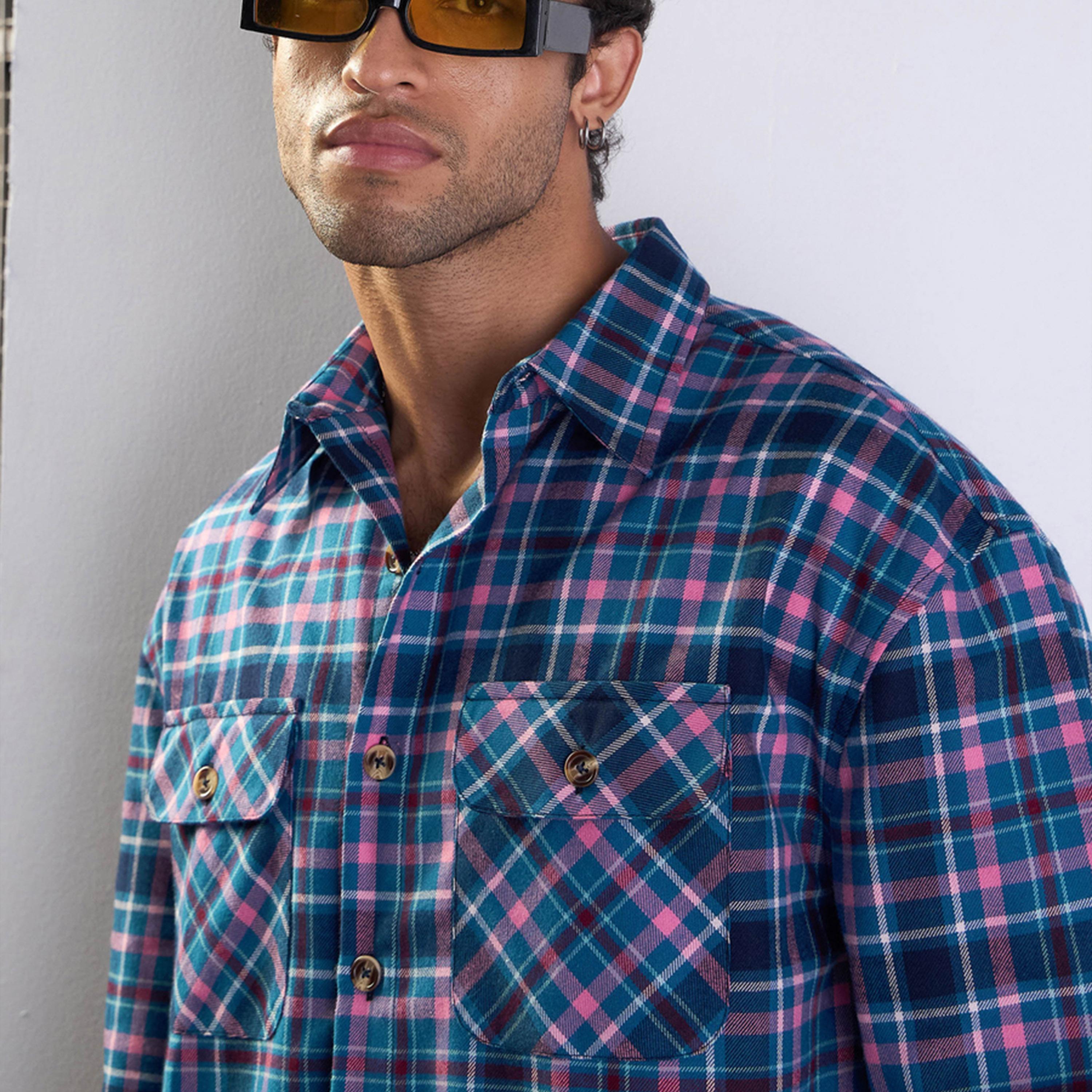 Mascln Sassafras X Styli Blue and Pink Check Flap Pocket Oversize Shirt-men-clothing-shirts-image-4