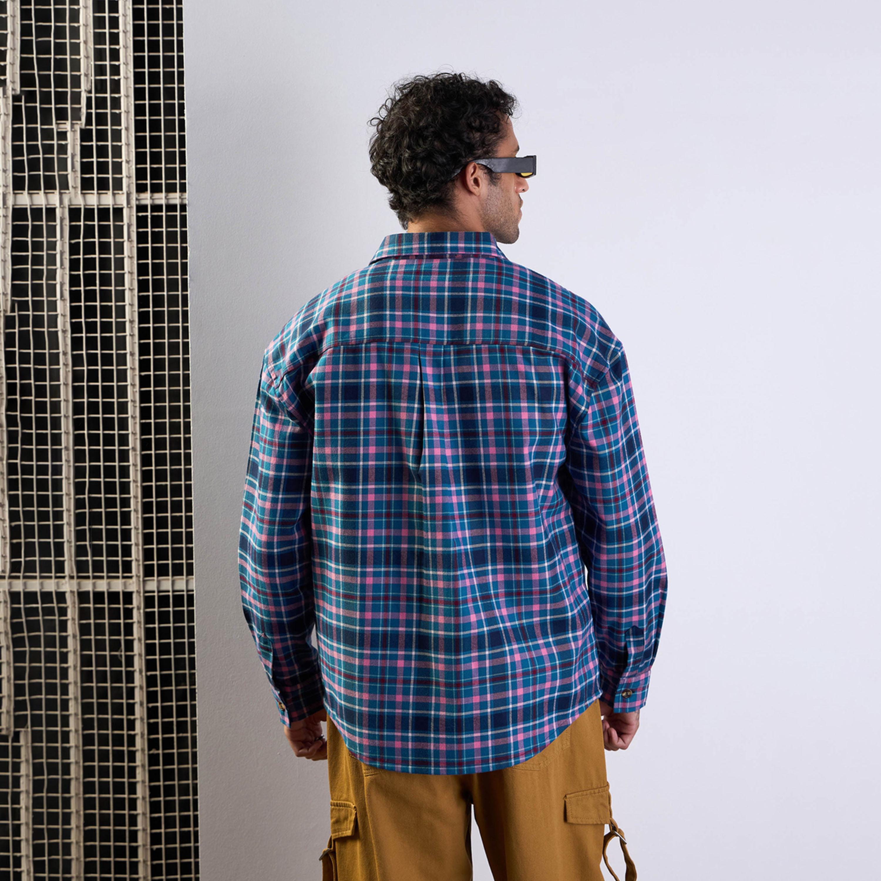 Mascln Sassafras X Styli Blue and Pink Check Flap Pocket Oversize Shirt-men-clothing-shirts-image-5