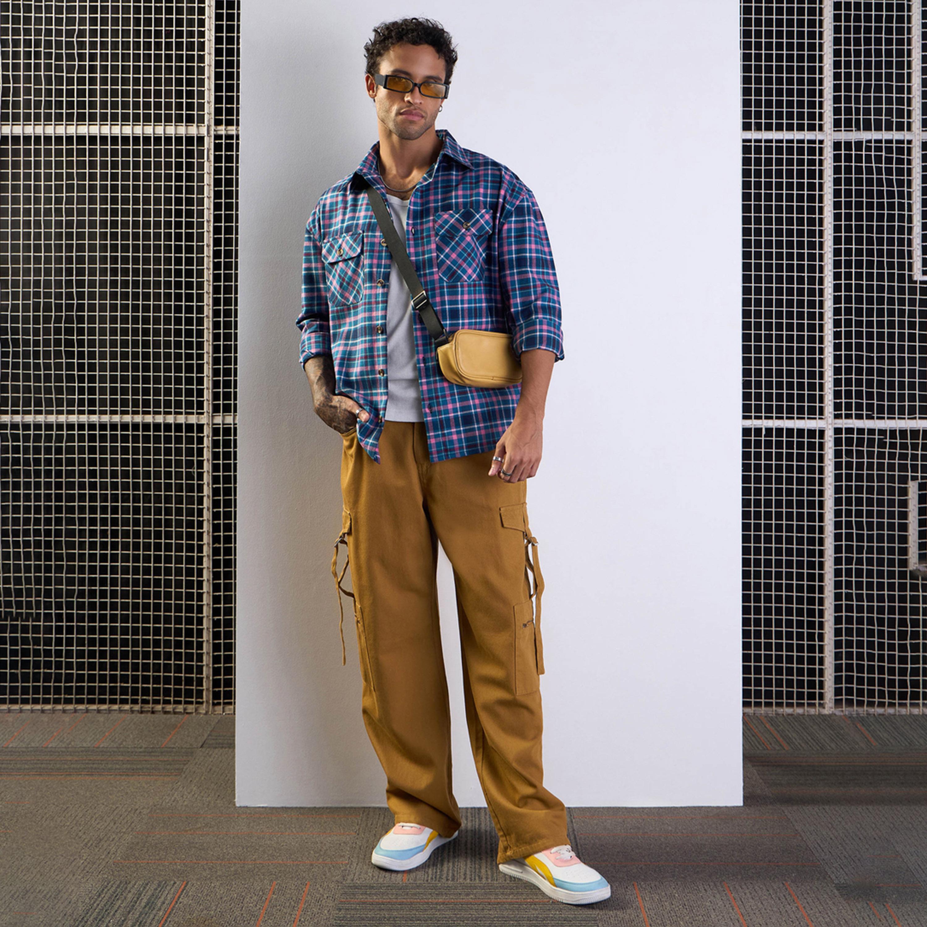 Mascln Sassafras X Styli Blue and Pink Check Flap Pocket Oversize Shirt-men-clothing-shirts-image-6
