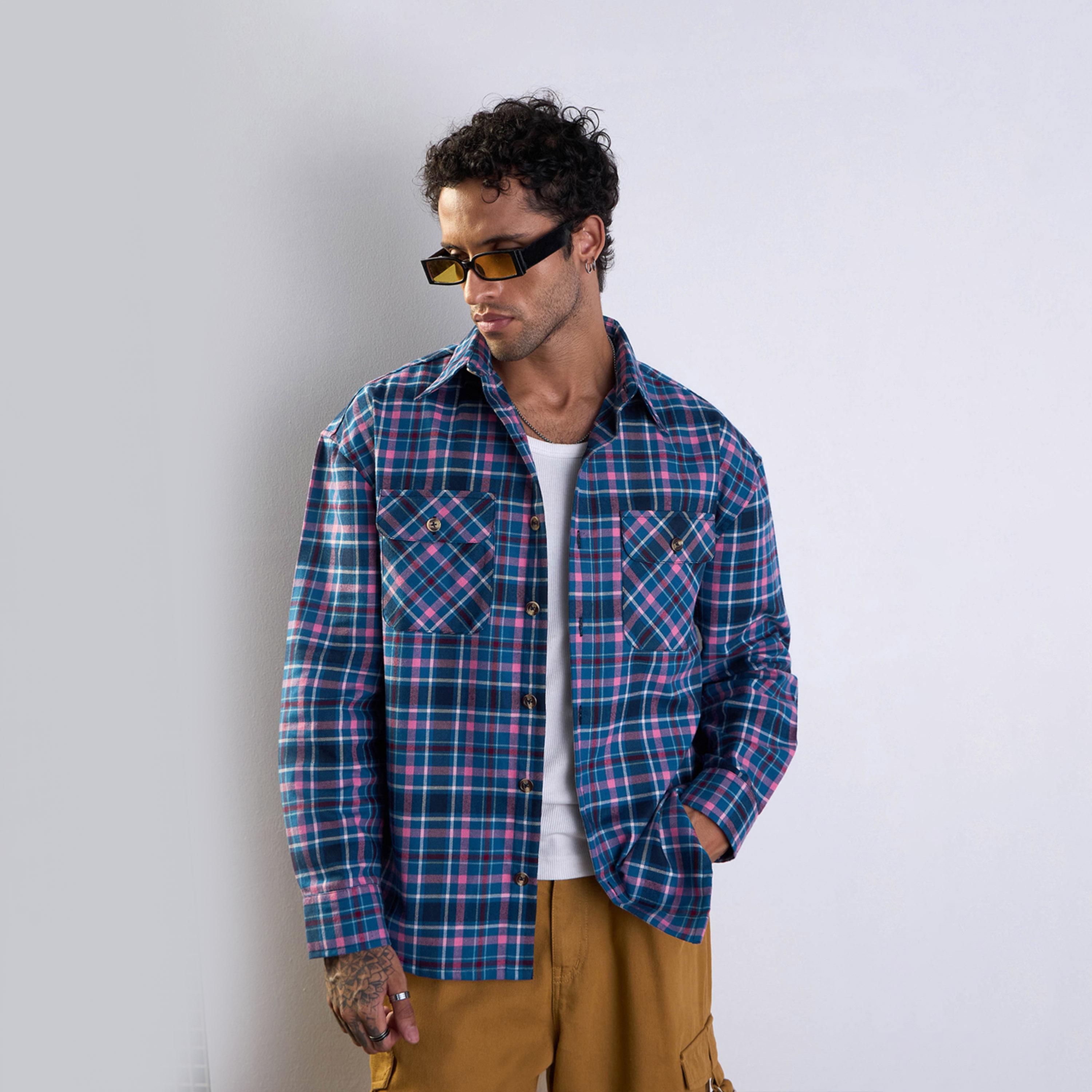 ماسكلن ساسافراس X ستايلي قميص كبير الحجم بجيب مربعات باللونين الأزرق والوردي-men-clothing-shirts-image-8