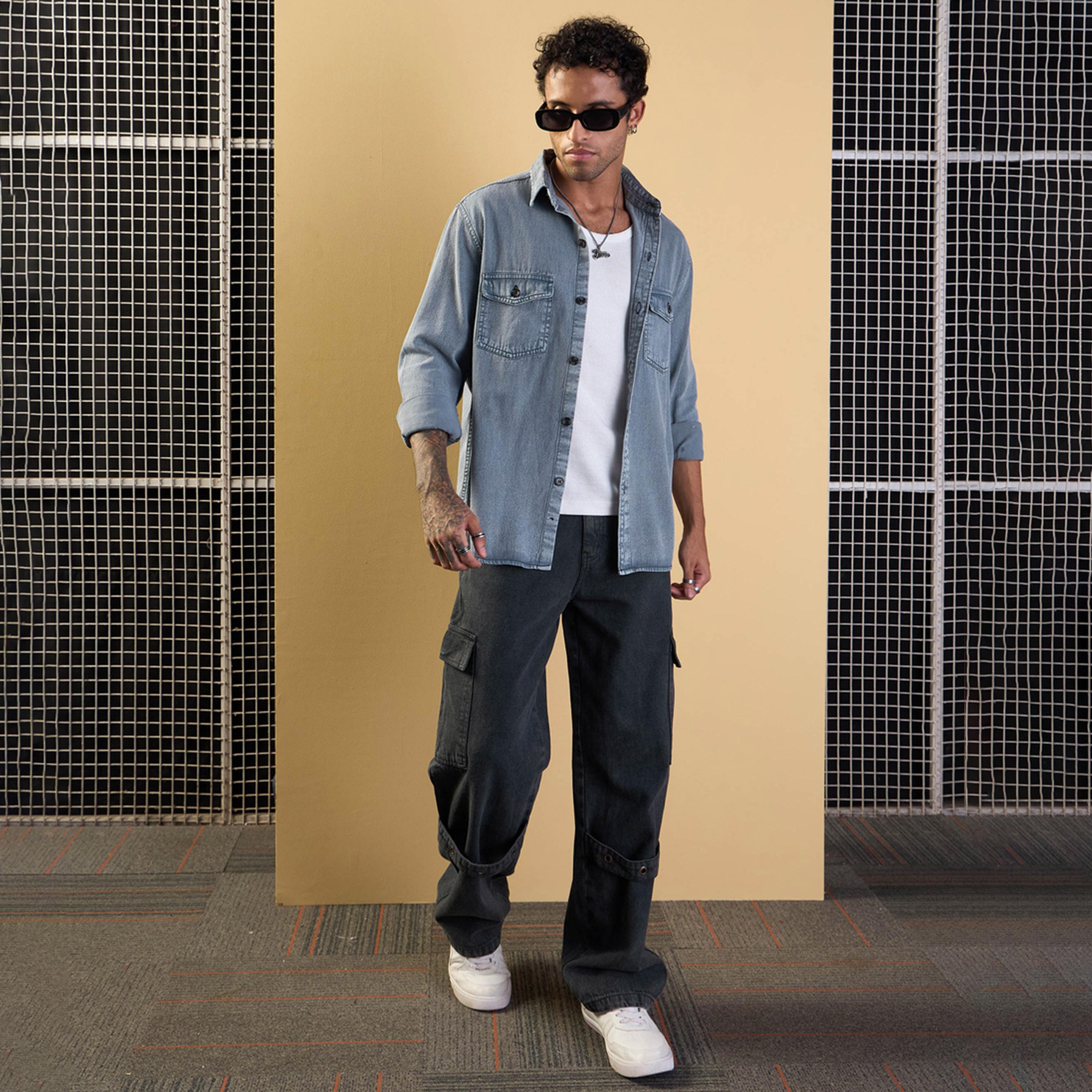 ماسكلن ساسافراس X ستايلي قميص رمادي فاتح قماش تنسل المغسول والمريح-men-clothing-shirts-image-2