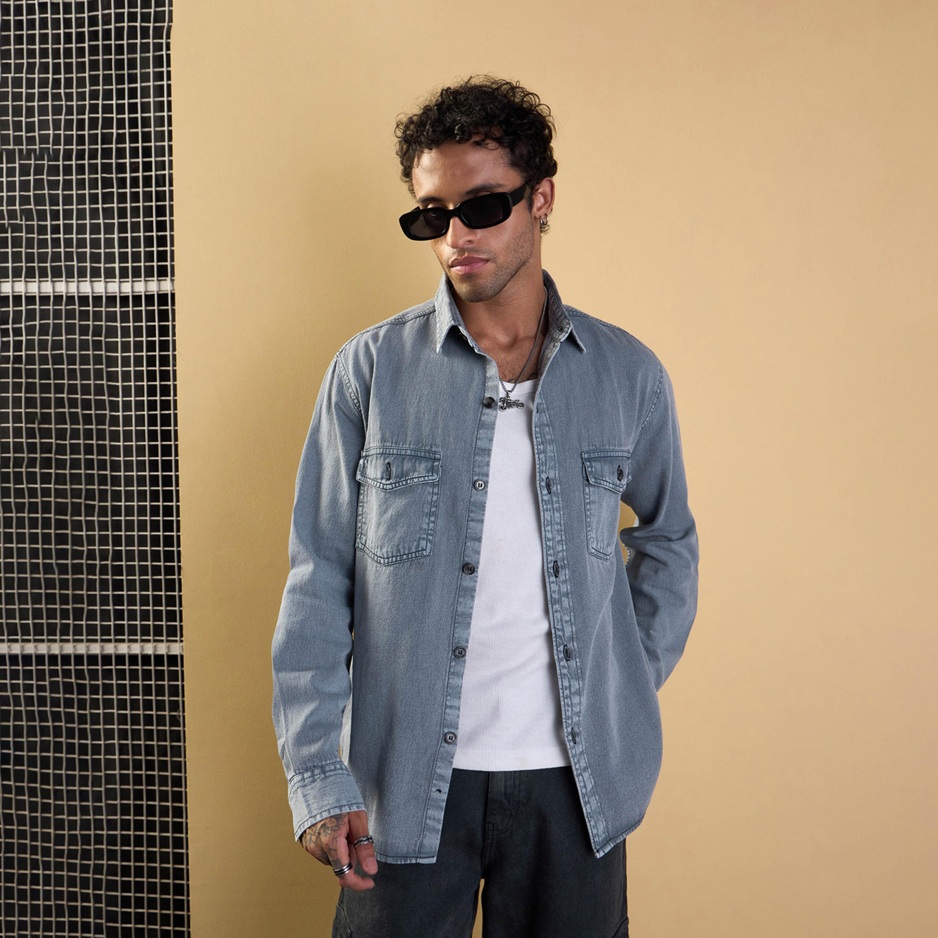 ماسكلن ساسافراس X ستايلي قميص رمادي فاتح قماش تنسل المغسول والمريح-men-clothing-shirts-image-8
