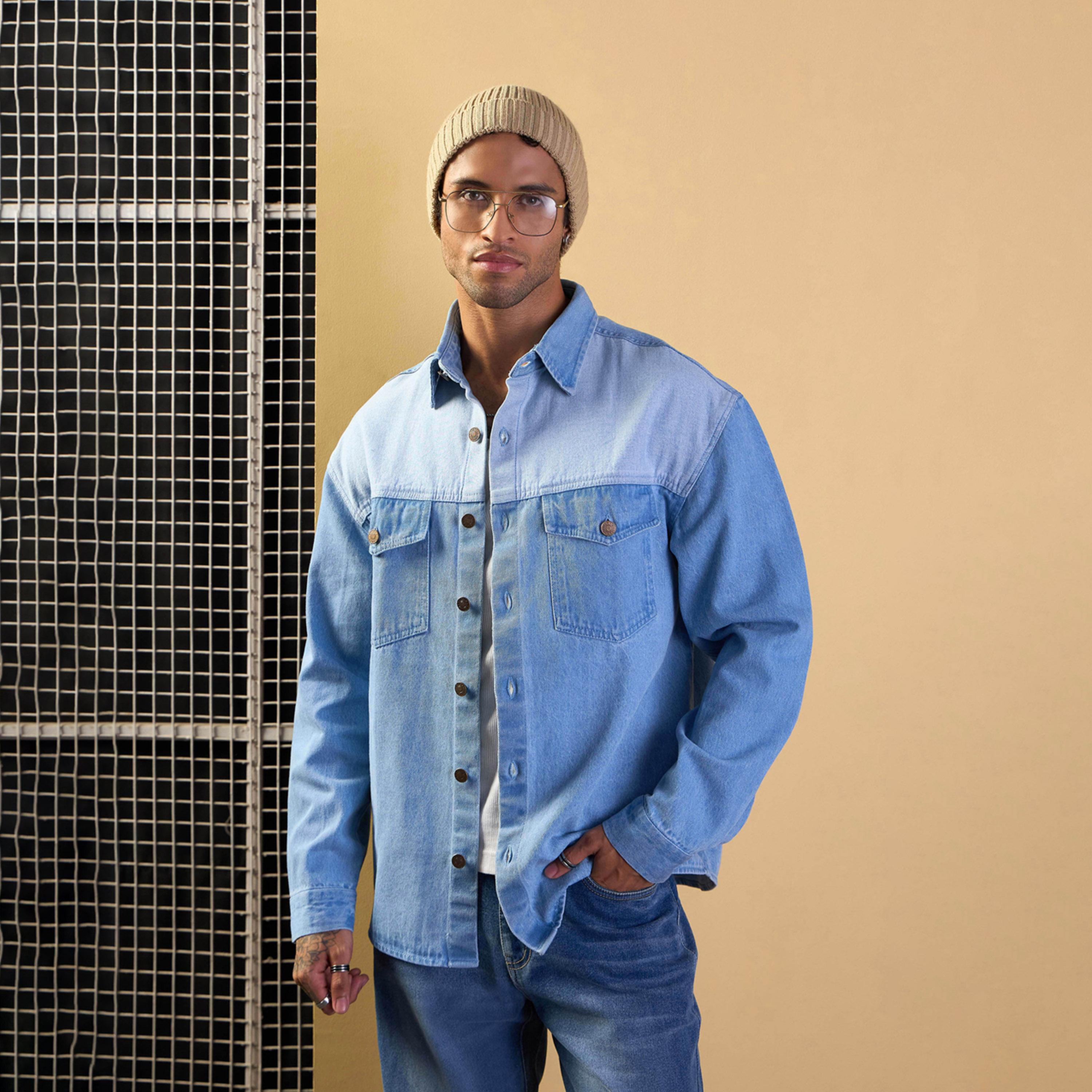 Mascln Sassafras X Styli Light Blue Color Block Oversize Shacket-men-clothing-shirts-image-1