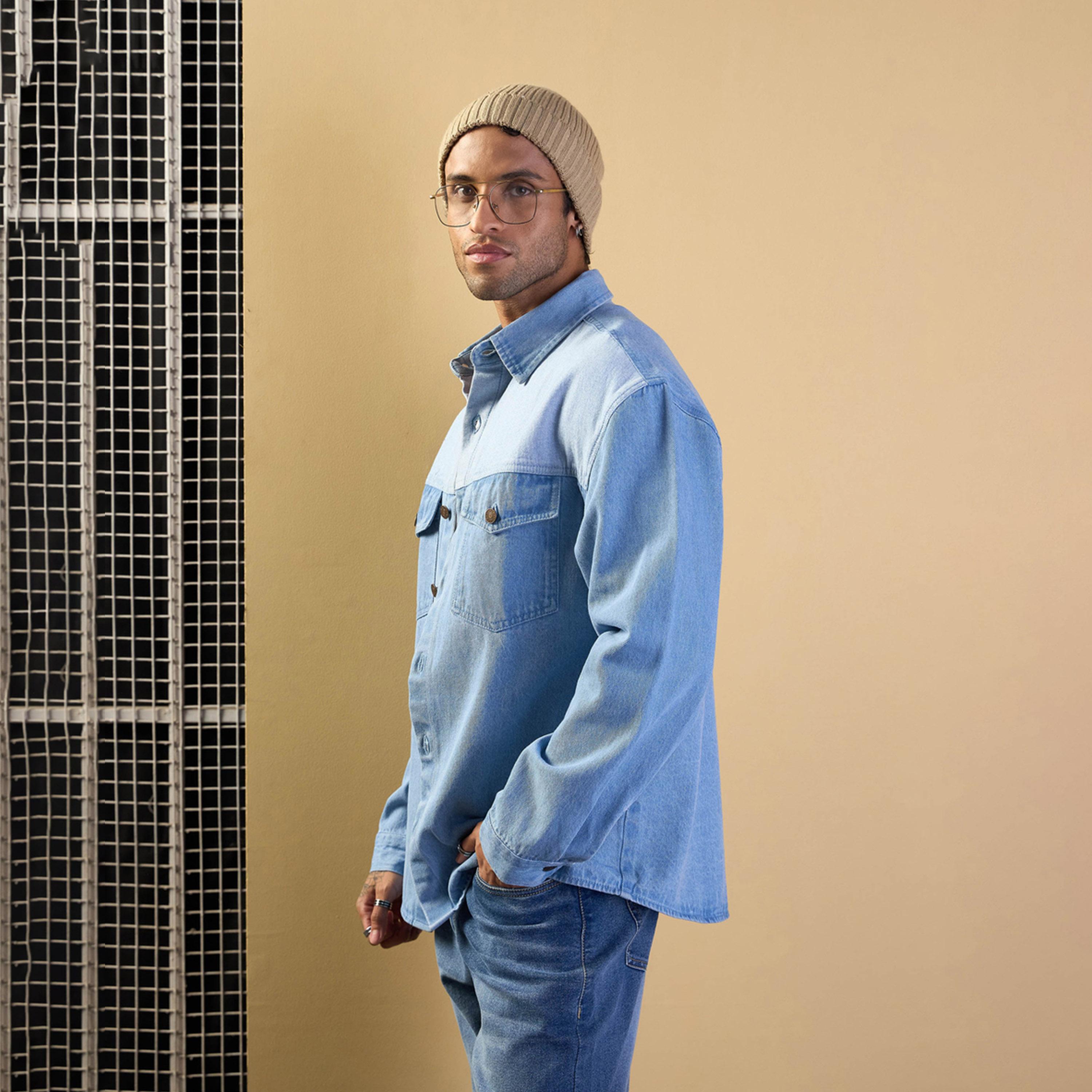 Mascln Sassafras X Styli Light Blue Color Block Oversize Shacket-men-clothing-shirts-image-3
