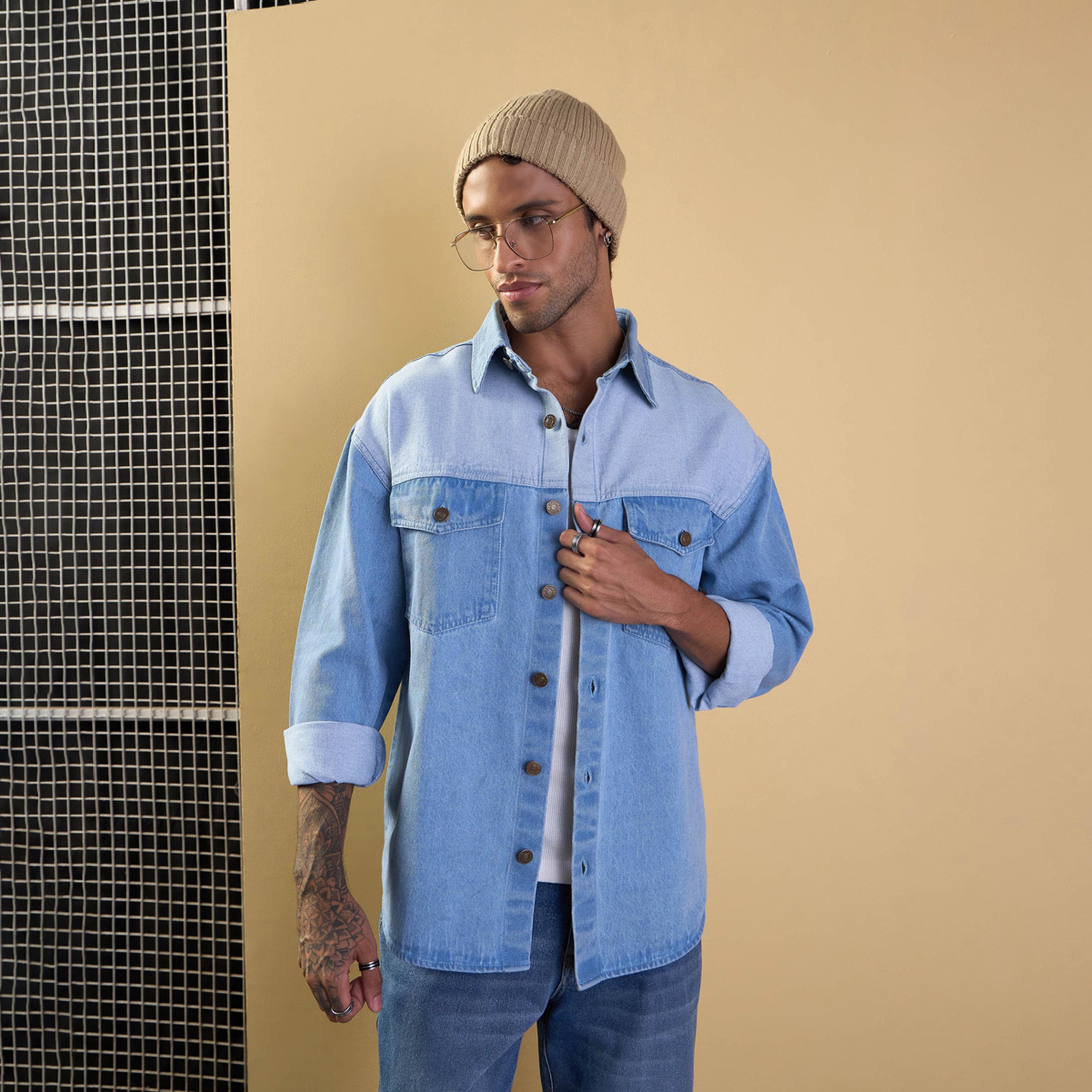 Mascln Sassafras X Styli Light Blue Color Block Oversize Shacket-men-clothing-shirts-image-6