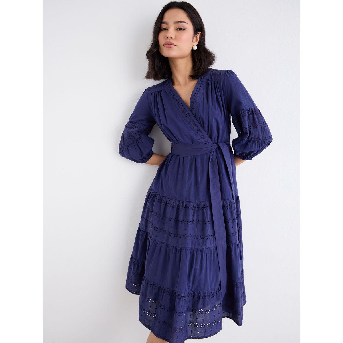 فستان ميدي شيفلي بنمط لف وأكمام بالون-women-clothing-dresses-image-1