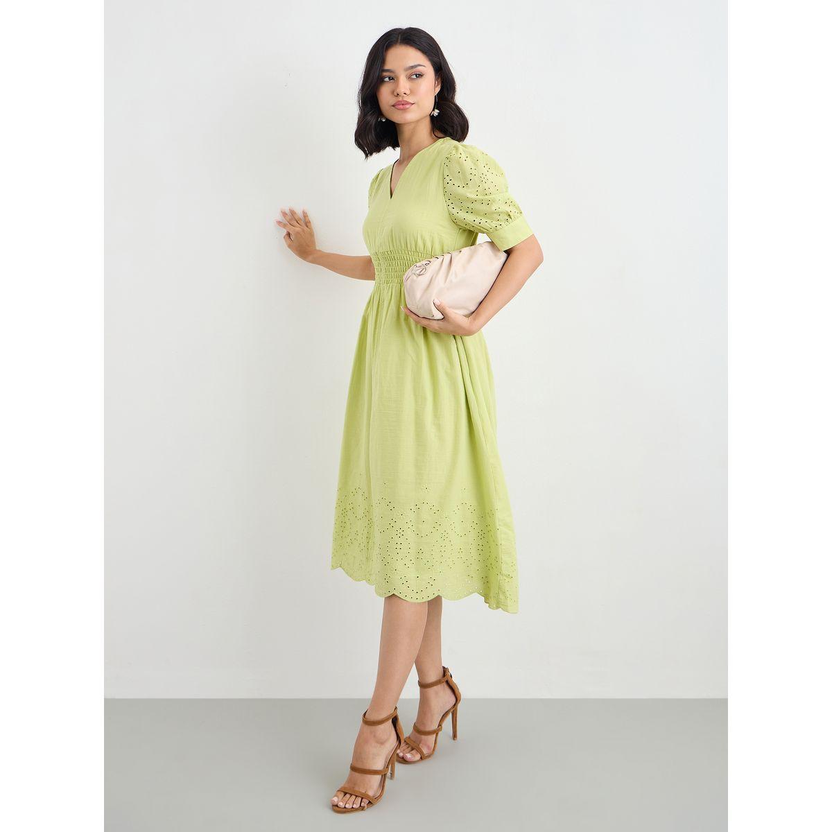 فستان ميدي بتفاصيل شيفلي وحافة واسعة-women-clothing-dresses-image-1