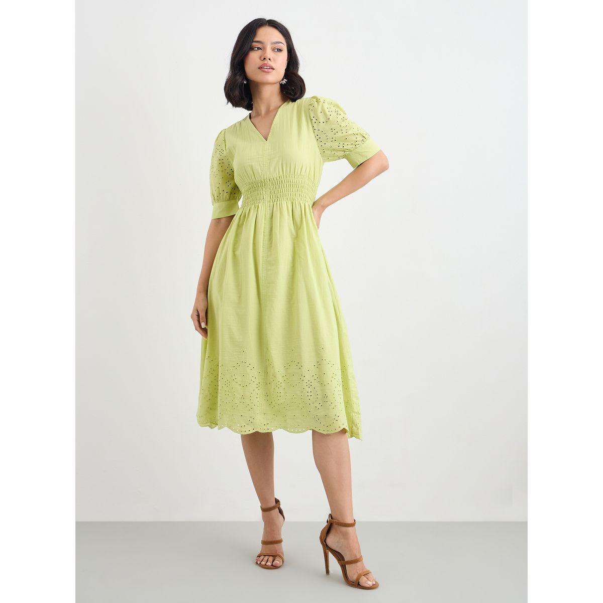 Styli Women Green Schiffli V Neck A-Line Mid Dress-women-clothing-dresses-image-2