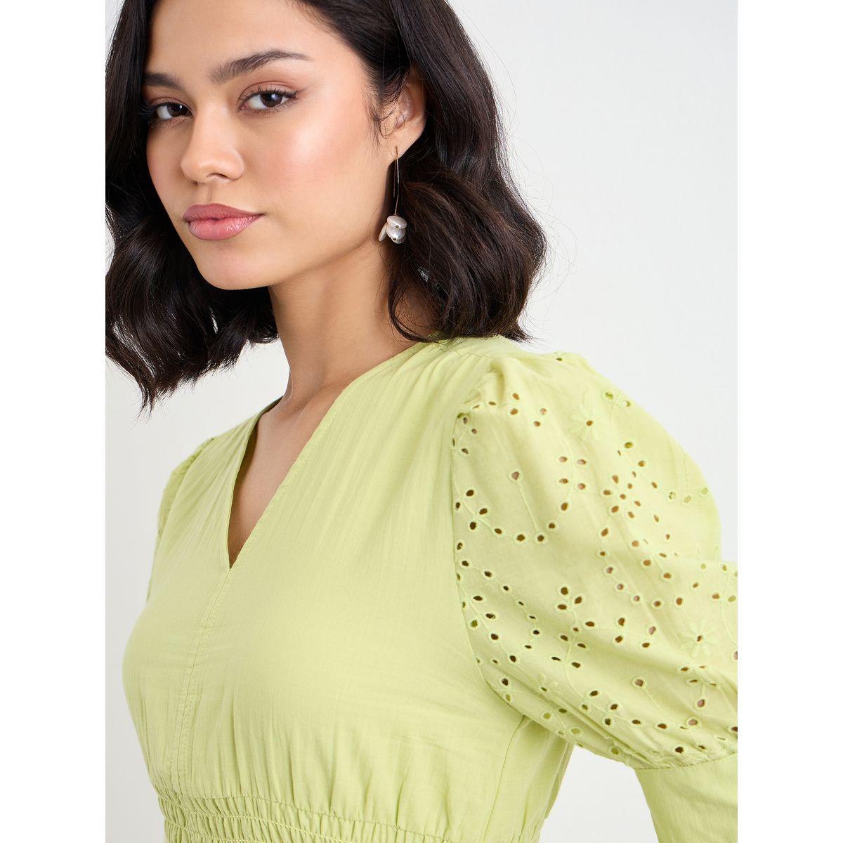 Styli Women Green Schiffli V Neck A-Line Mid Dress-women-clothing-dresses-image-3