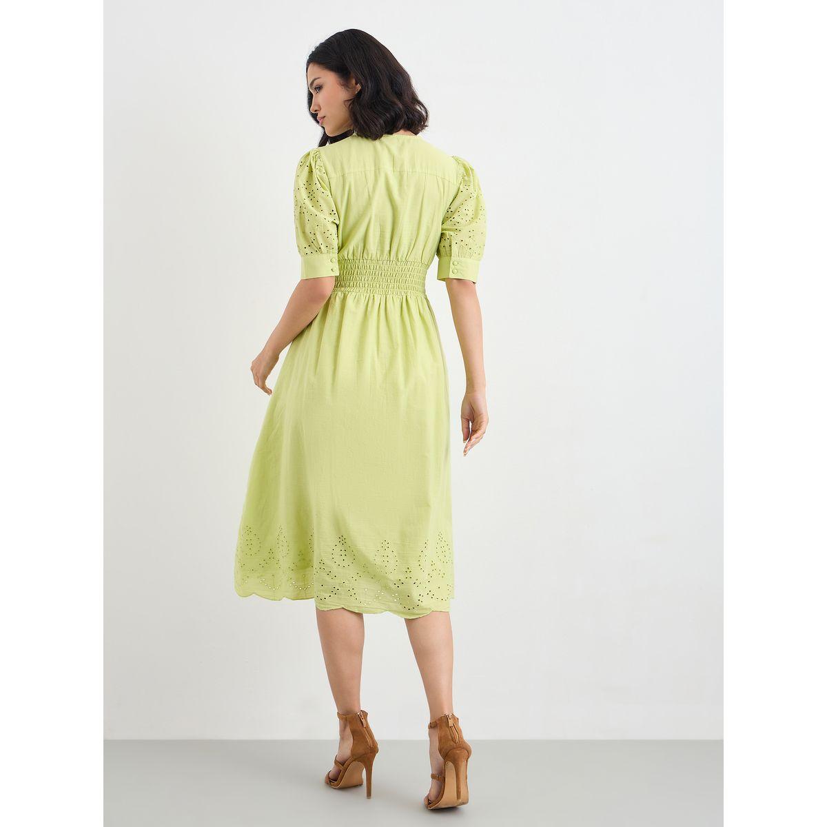 Styli Women Green Schiffli V Neck A-Line Mid Dress-women-clothing-dresses-image-4