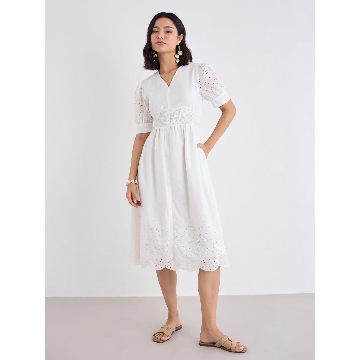 Styli Women White Schiffli V Neck A-Line Mid Dress-women-clothing-dresses-image-3