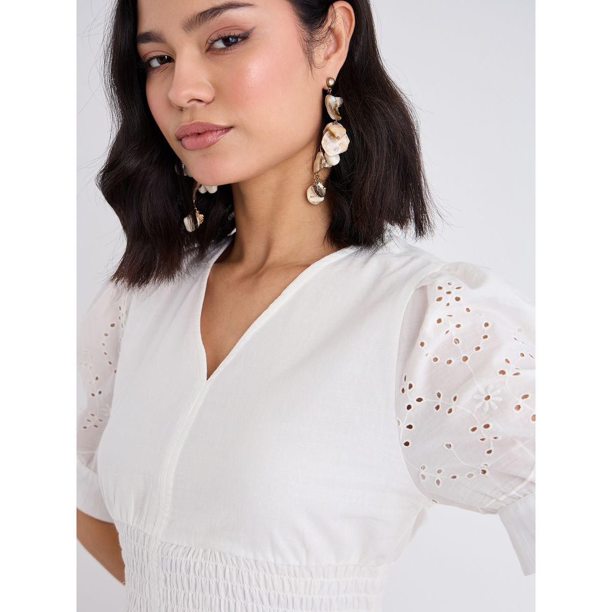 Styli Women White Schiffli V Neck A-Line Mid Dress-women-clothing-dresses-image-4
