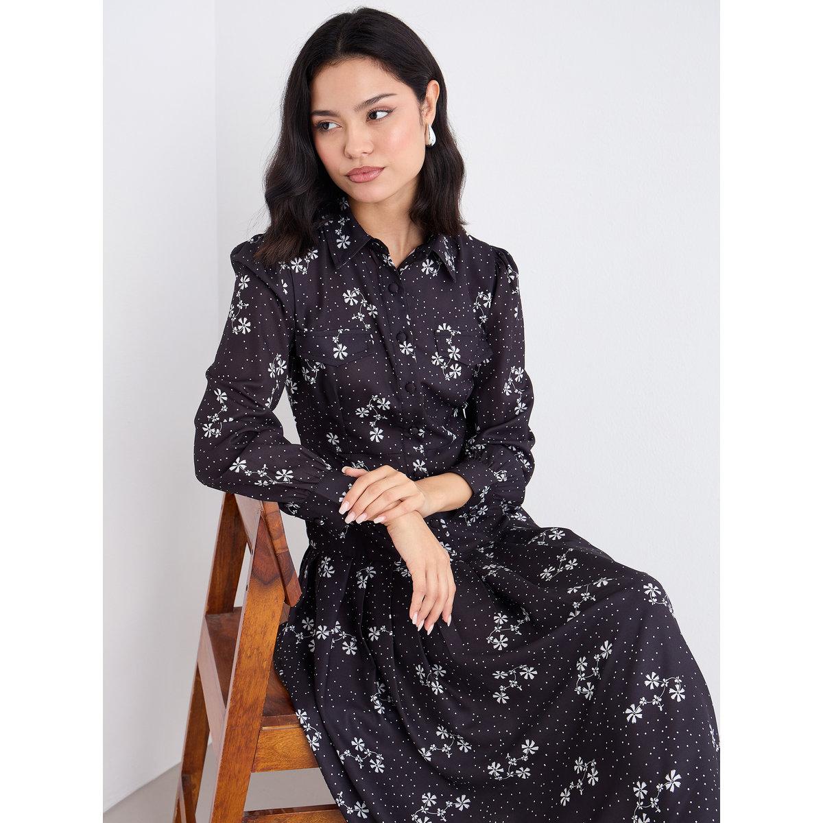 Styli Black Ditsy Print Shirt Midi Dress-women-clothing-dresses-image-1