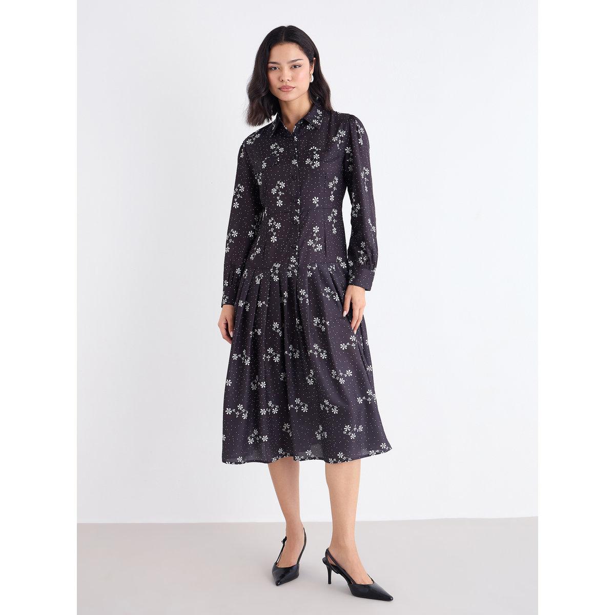 Styli Black Ditsy Print Shirt Midi Dress-women-clothing-dresses-image-2