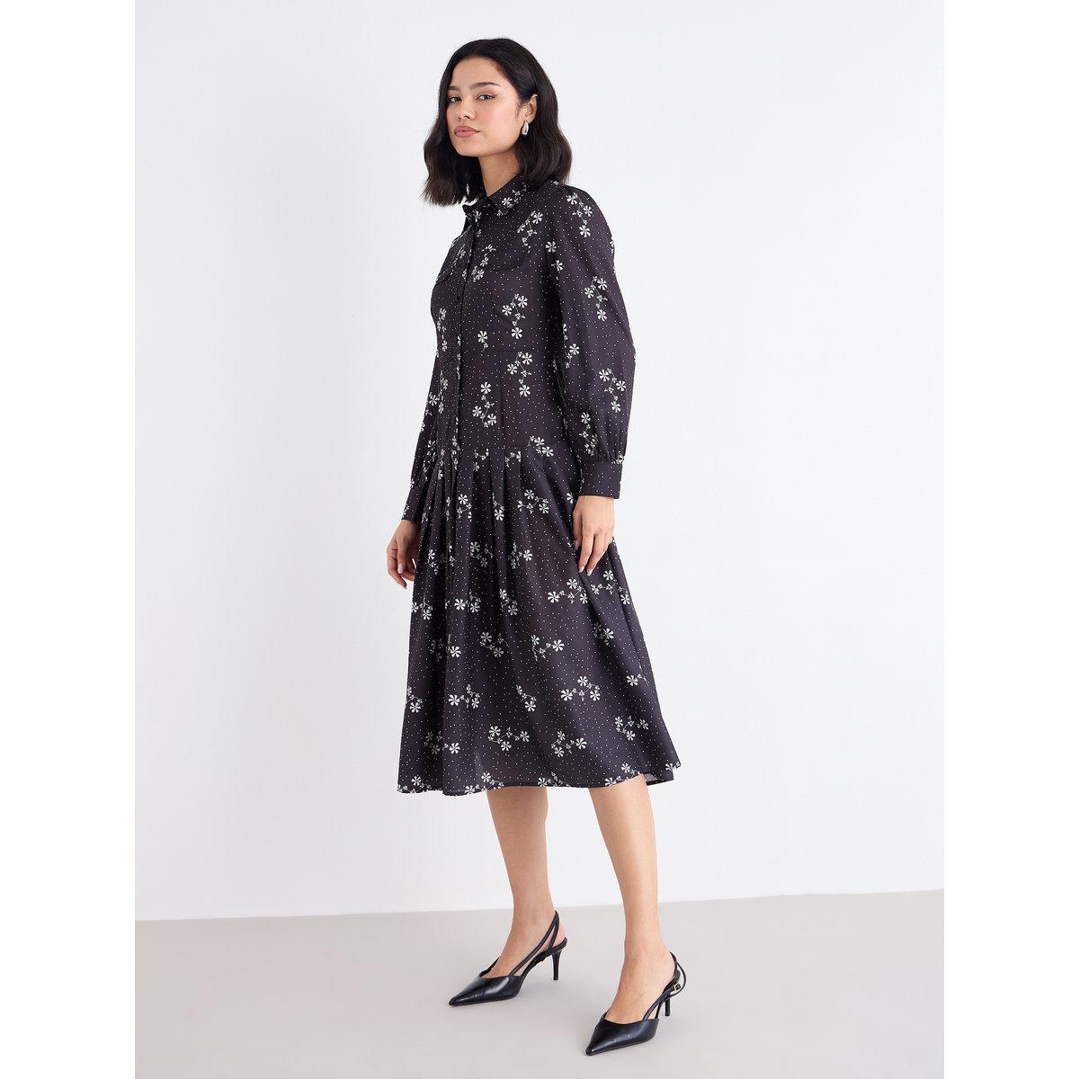 Styli Black Ditsy Print Shirt Midi Dress-women-clothing-dresses-image-3