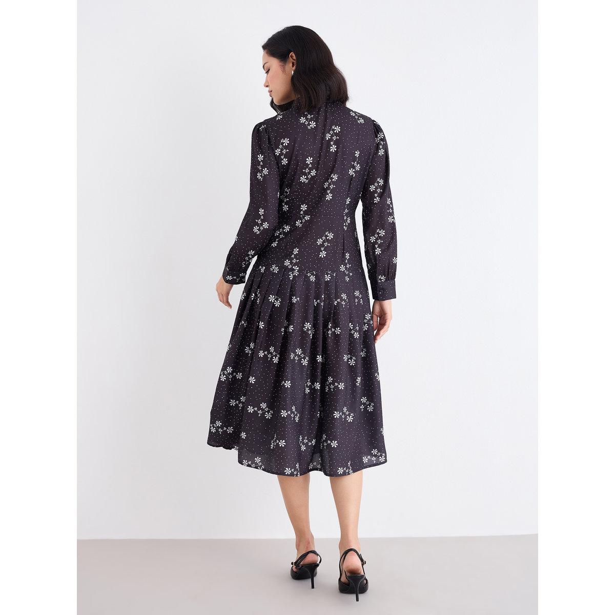 Styli Black Ditsy Print Shirt Midi Dress-women-clothing-dresses-image-5