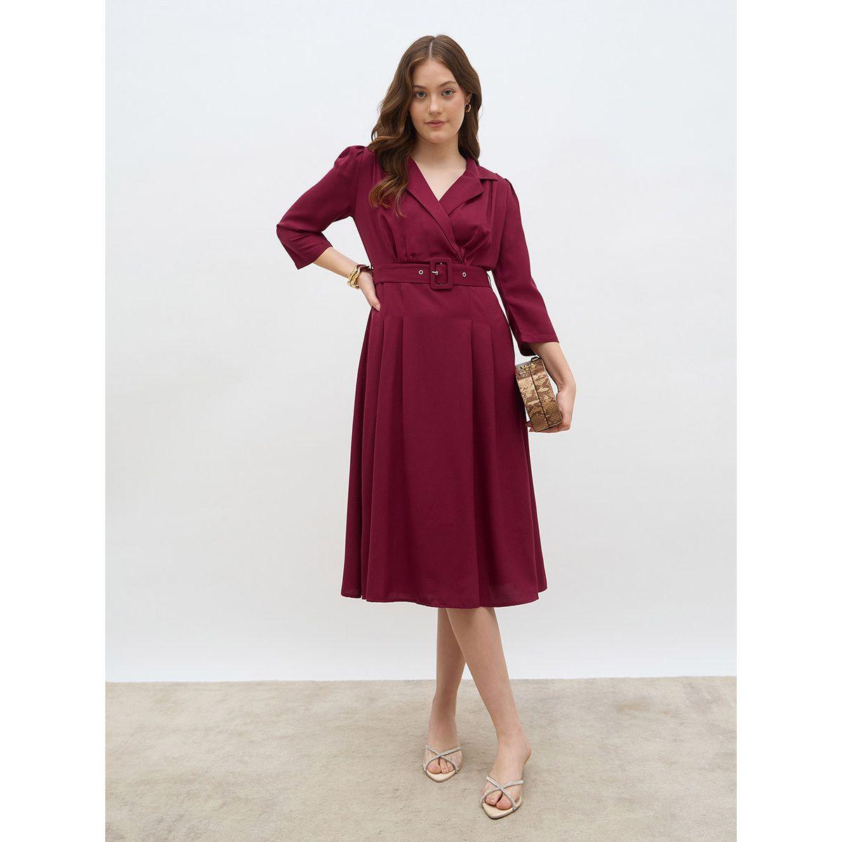 Styli Solid Pleated A-Line Wrap Midi Dress-women-clothing-dresses-image-1
