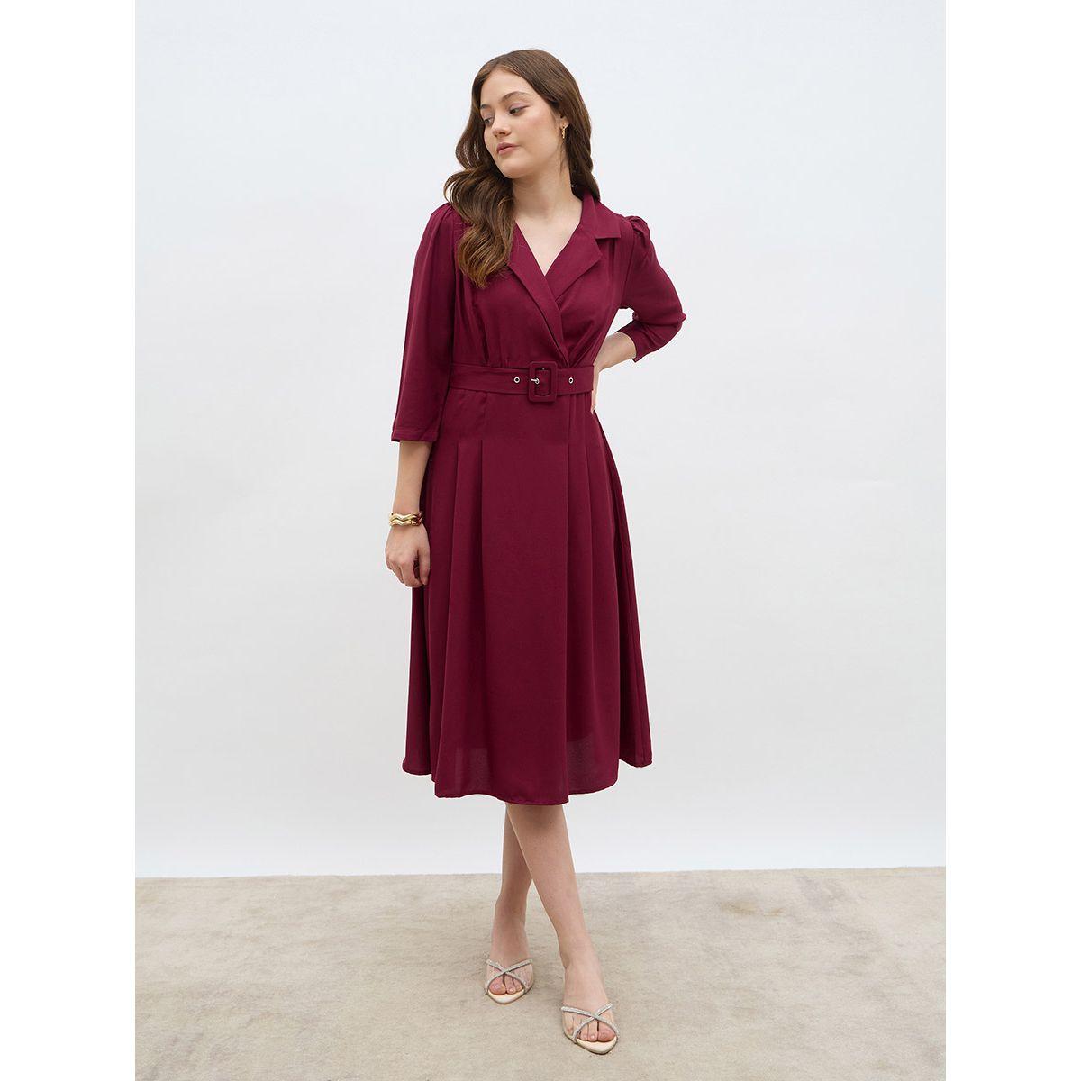 فستان ميدي سادة بنمط لف وكسرات-women-clothing-dresses-image-5